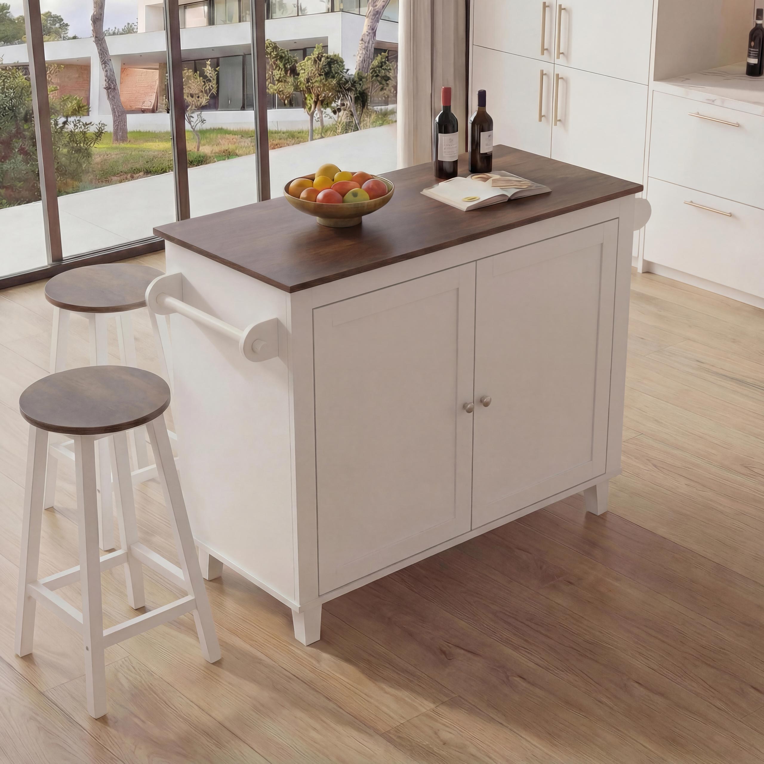 K&uuml;cheninsel MCW-P61 mit 2 Sitzhockern, K&uuml;chenschrank Stauf&auml;cher MDF 90x120x45cm ~ wei&szlig;, dunkles Holz 
