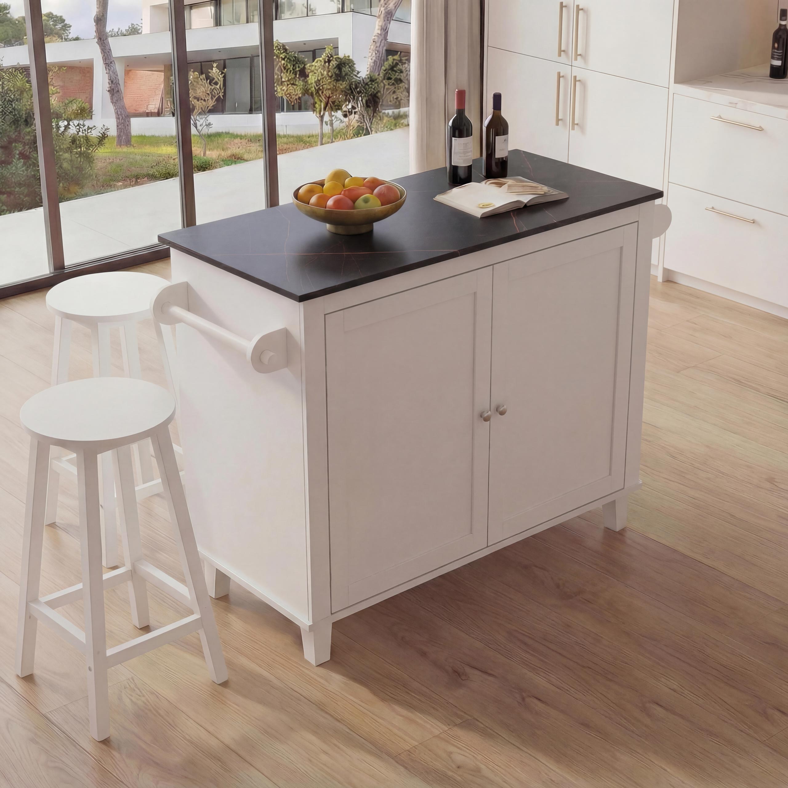 K&uuml;cheninsel MCW-P61 mit 2 Sitzhockern, K&uuml;chenschrank Schublade Stauf&auml;cher MDF 90x120x45cm ~ wei&szlig;, Marmor-Optik schwarz 