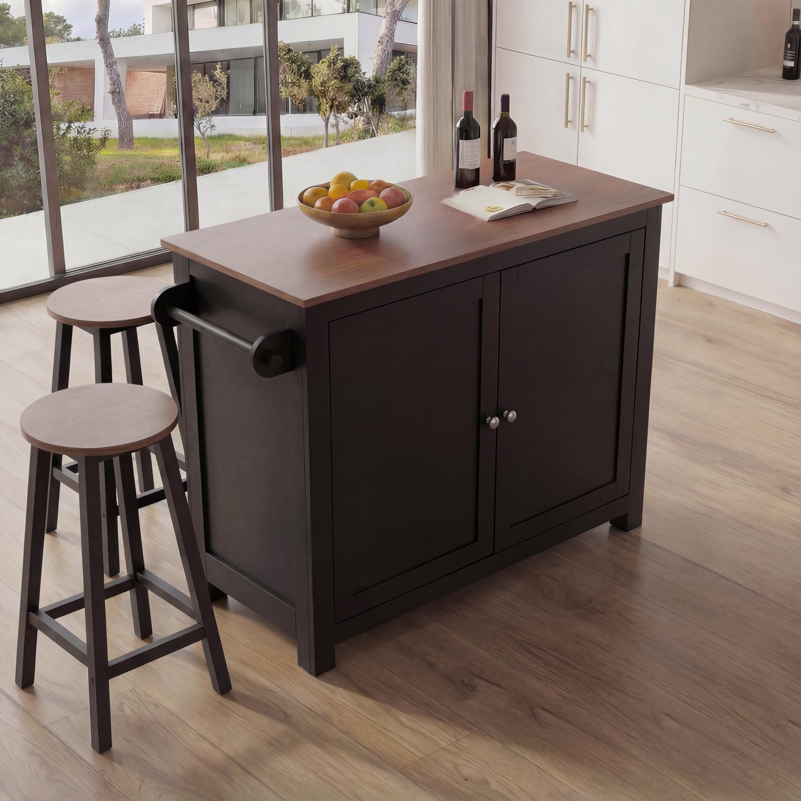 K&uuml;cheninsel MCW-P61 mit 2 Sitzhockern, K&uuml;chenschrank Schublade Stauf&auml;cher MDF 90x120x45cm ~ schwarz, dunkles Holz 