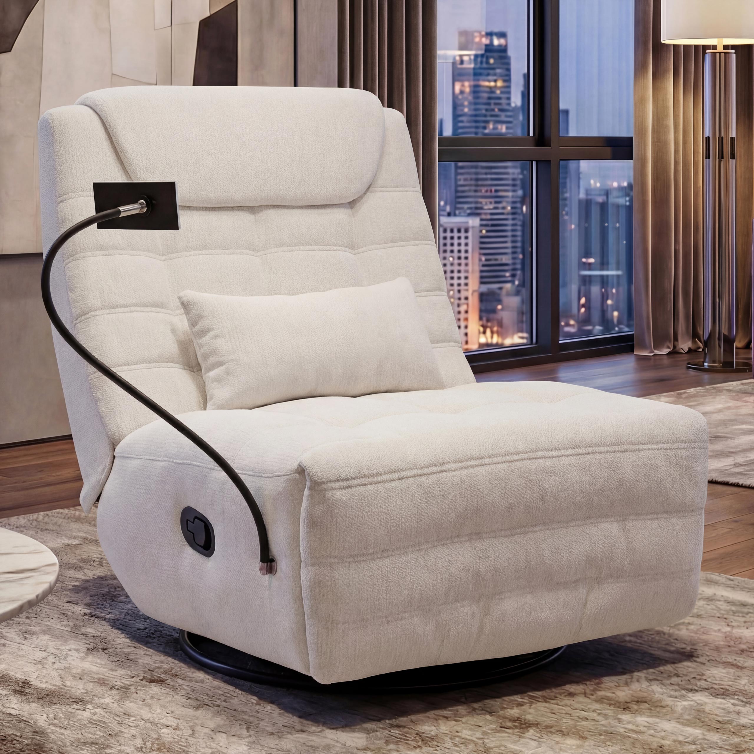 Relaxsessel MCW-P92, TV-Sessel Fernsehsessel, drehbar Kippfunktion Handyhalterung, Stoff&nbsp;Chenille (260g/m&sup2;) ~ creme-wei&szlig; 