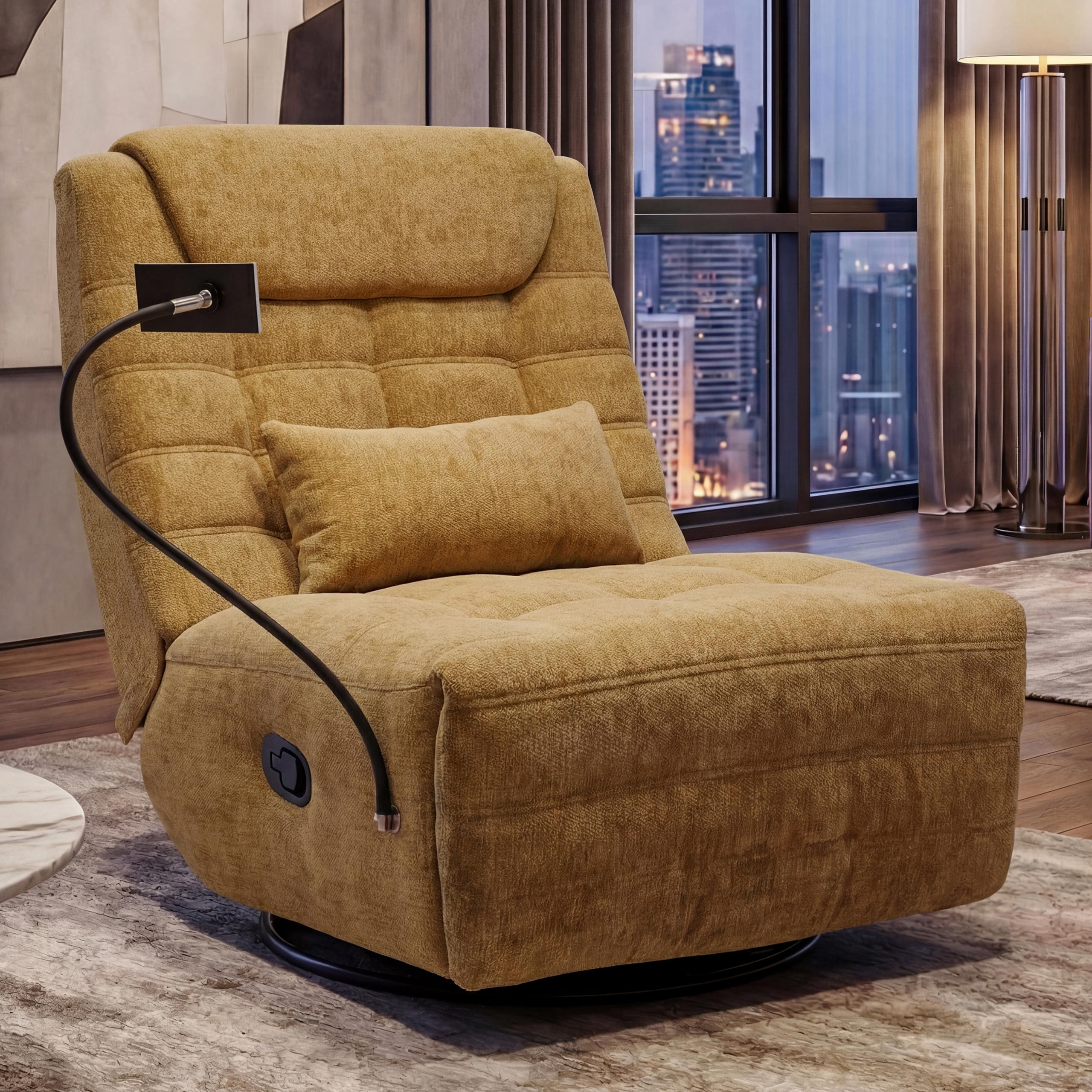 Relaxsessel MCW-P92, TV-Sessel Fernsehsessel, drehbar Kippfunktion Handyhalterung, Stoff&nbsp;Chenille (260g/m&sup2;) ~ gelb 