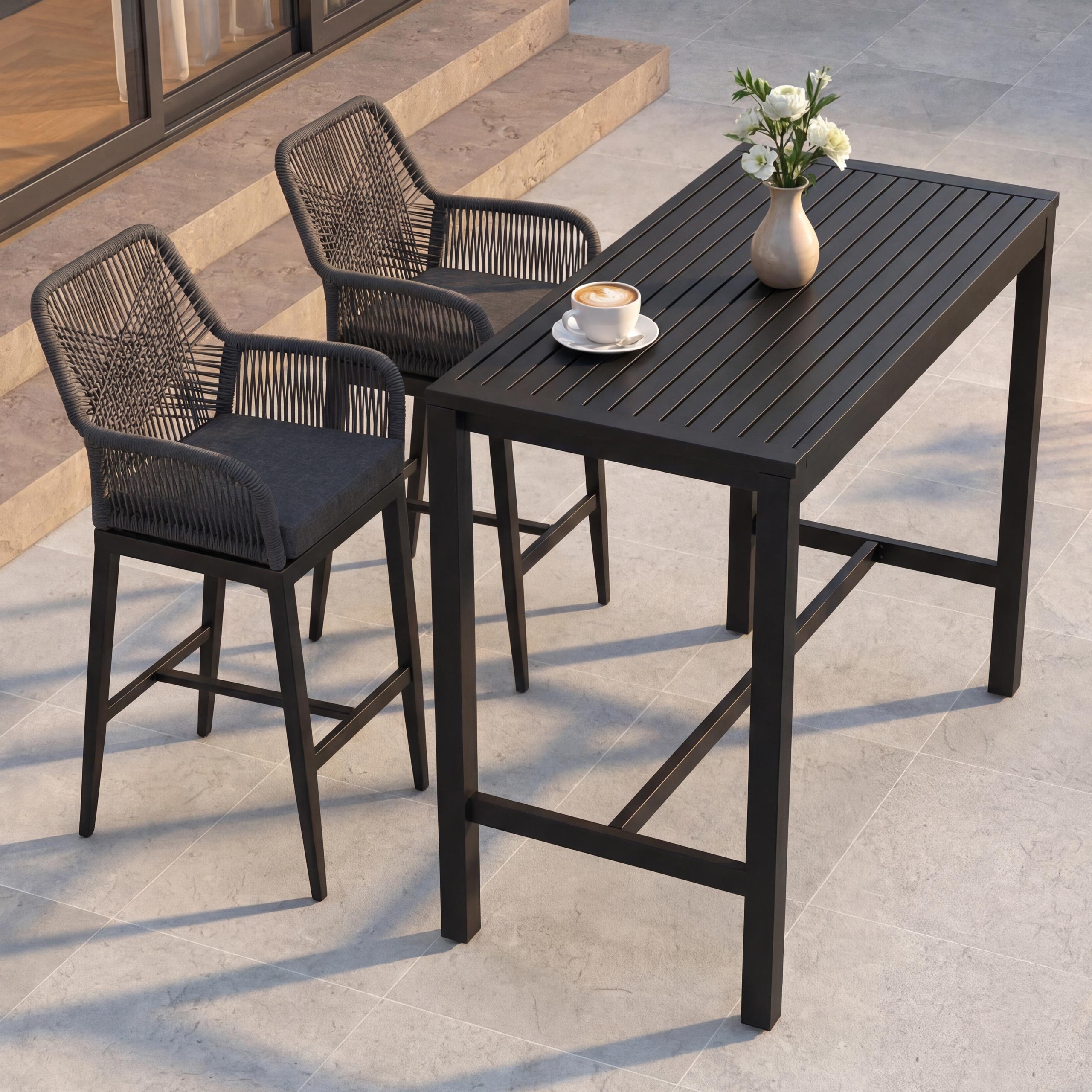 Set Bartisch + 2x Barhocker MCW-P91, Barstuhl Stehtisch, Outdoor Sitzpolster Seilgeflecht Metall ~ anthrazit 