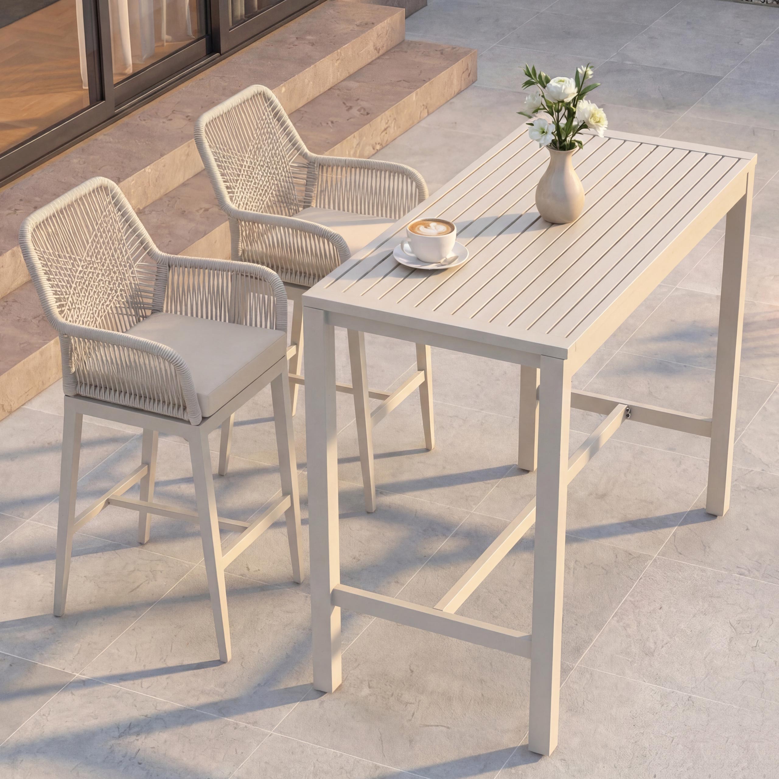 Set Bartisch + 2x Barhocker MCW-P91, Barstuhl Stehtisch, Outdoor Sitzpolster Seilgeflecht Metall ~ creme 
