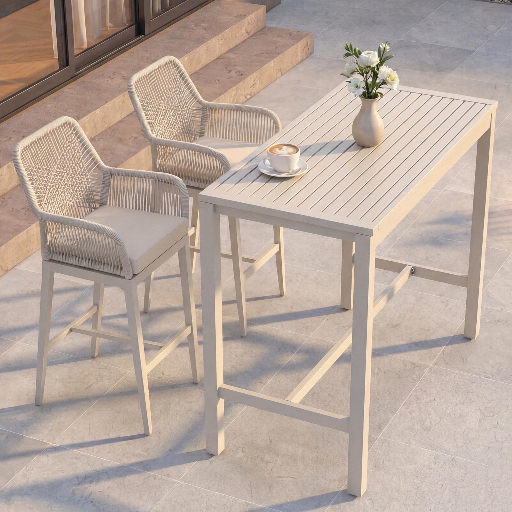 Set Bartisch + 2x Barhocker MCW-P91, Barstuhl Stehtisch, Outdoor Sitzpolster Seilgeflecht Metall ~ creme