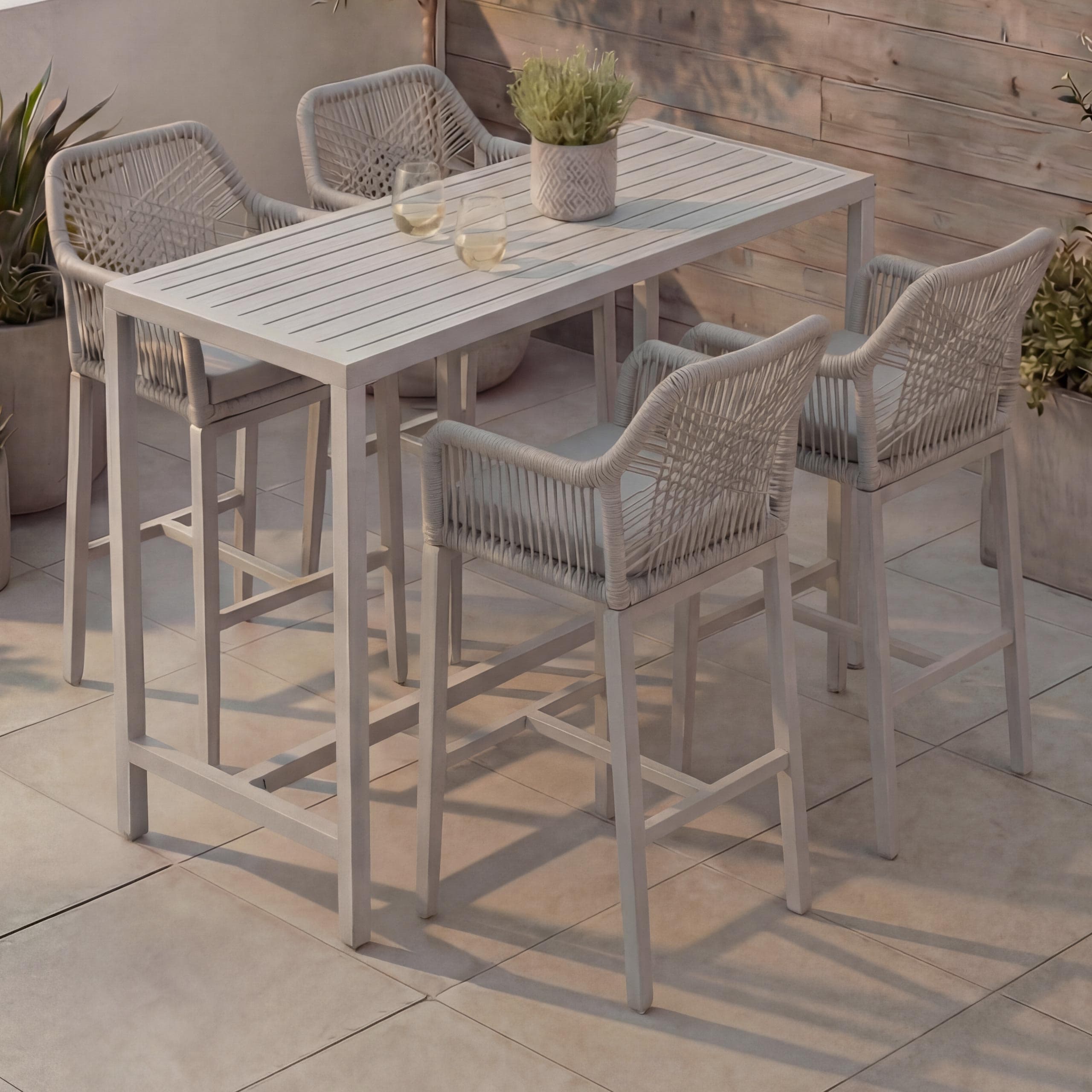 Set Bartisch + 4x Barhocker MCW-P91, Barstuhl Stehtisch, Outdoor Sitzpolster Seilgeflecht Metall ~ hellgrau 