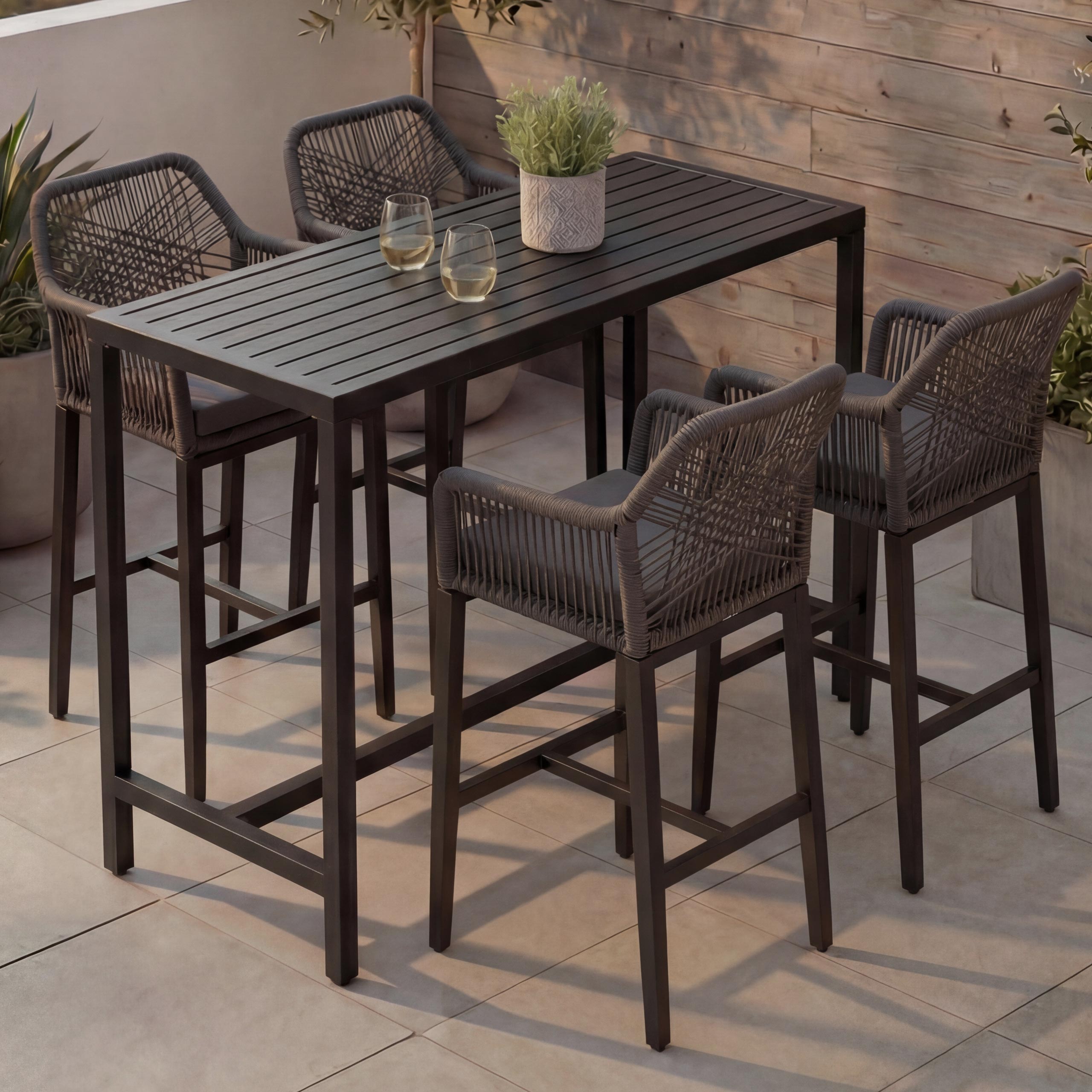 Set Bartisch + 4x Barhocker MCW-P91, Barstuhl Stehtisch, Outdoor Sitzpolster Seilgeflecht Metall ~ anthrazit 