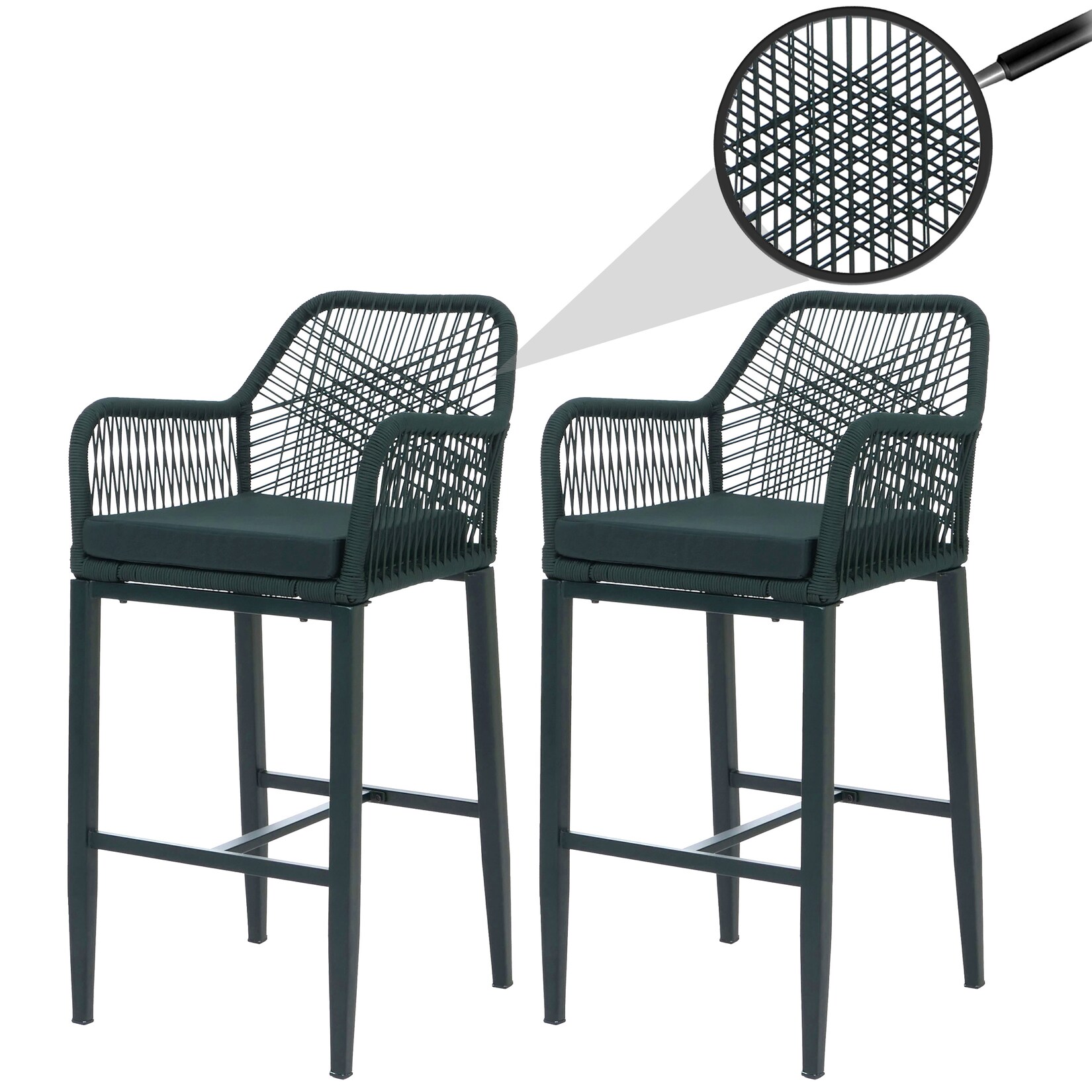 2er-Set Rope-Barhocker -P91, Barstuhl Tresenhocker, Outdoor Sitzpolster Seilgeflecht Metall ~ grün