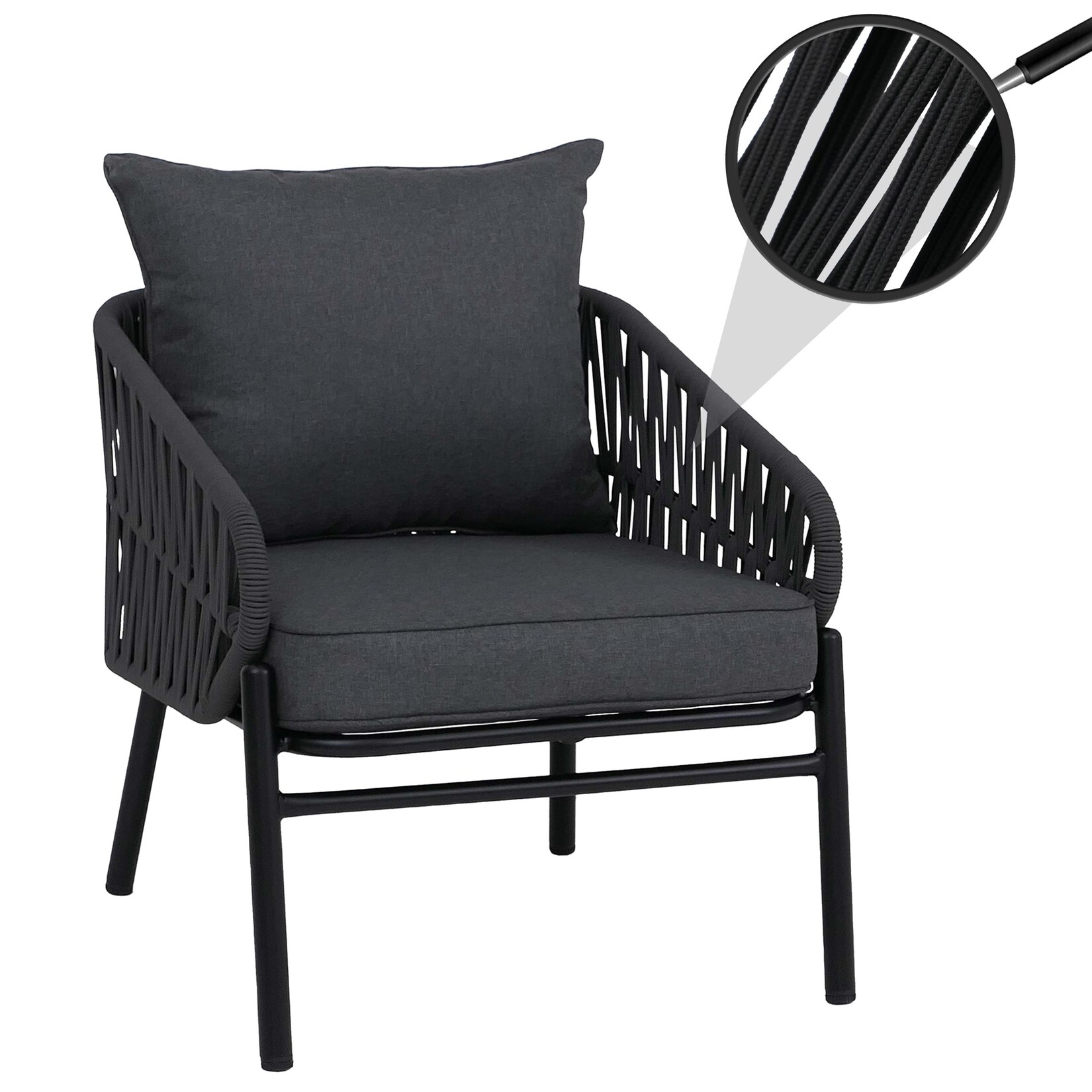Aluminium-Gartenstuhl -P90, Loungestuhl Sessel Outdoor, Seilgeflecht Rope Stoff/Textil (/m²) ~ anthrazit