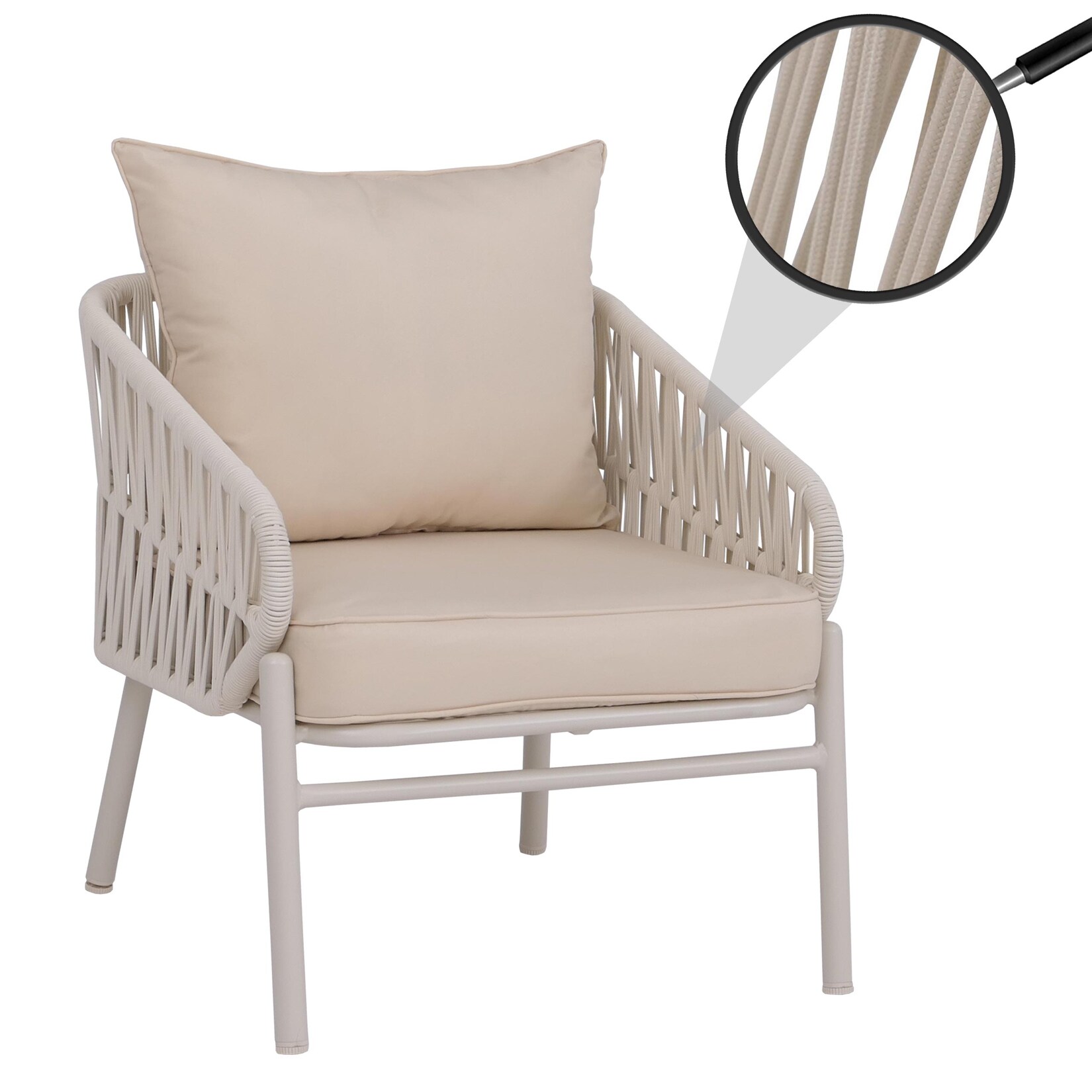 Aluminium-Gartenstuhl -P90, Loungestuhl Sessel Outdoor, Seilgeflecht Rope Stoff/Textil (/m²) ~ creme