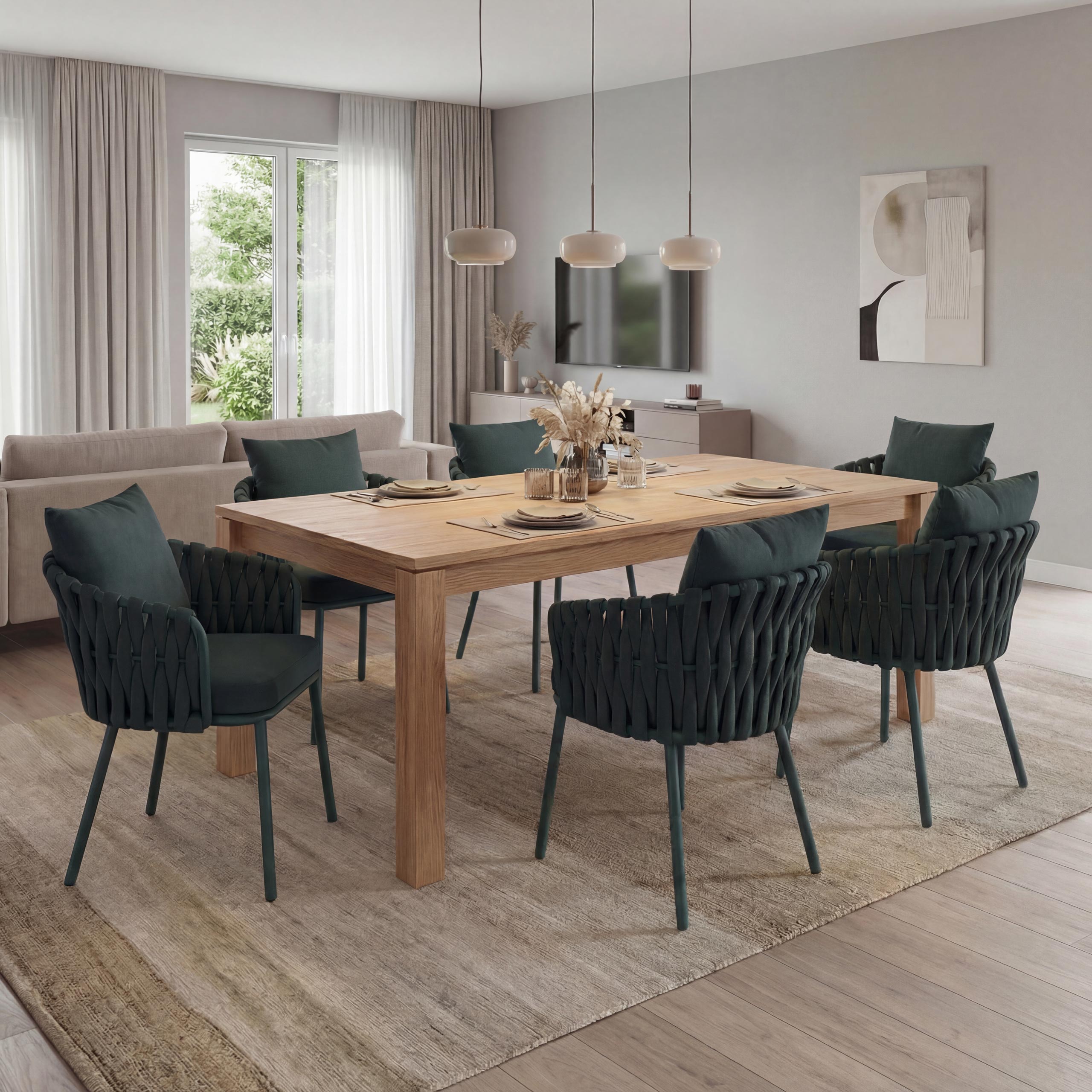 6er-Set Aluminium-Esszimmerstuhl MCW-P89, Indoor Stuhl Armlehne, Stoff/Textil (180 g/m&sup2;) Seilgeflecht Rope ~ gr&uuml;n 