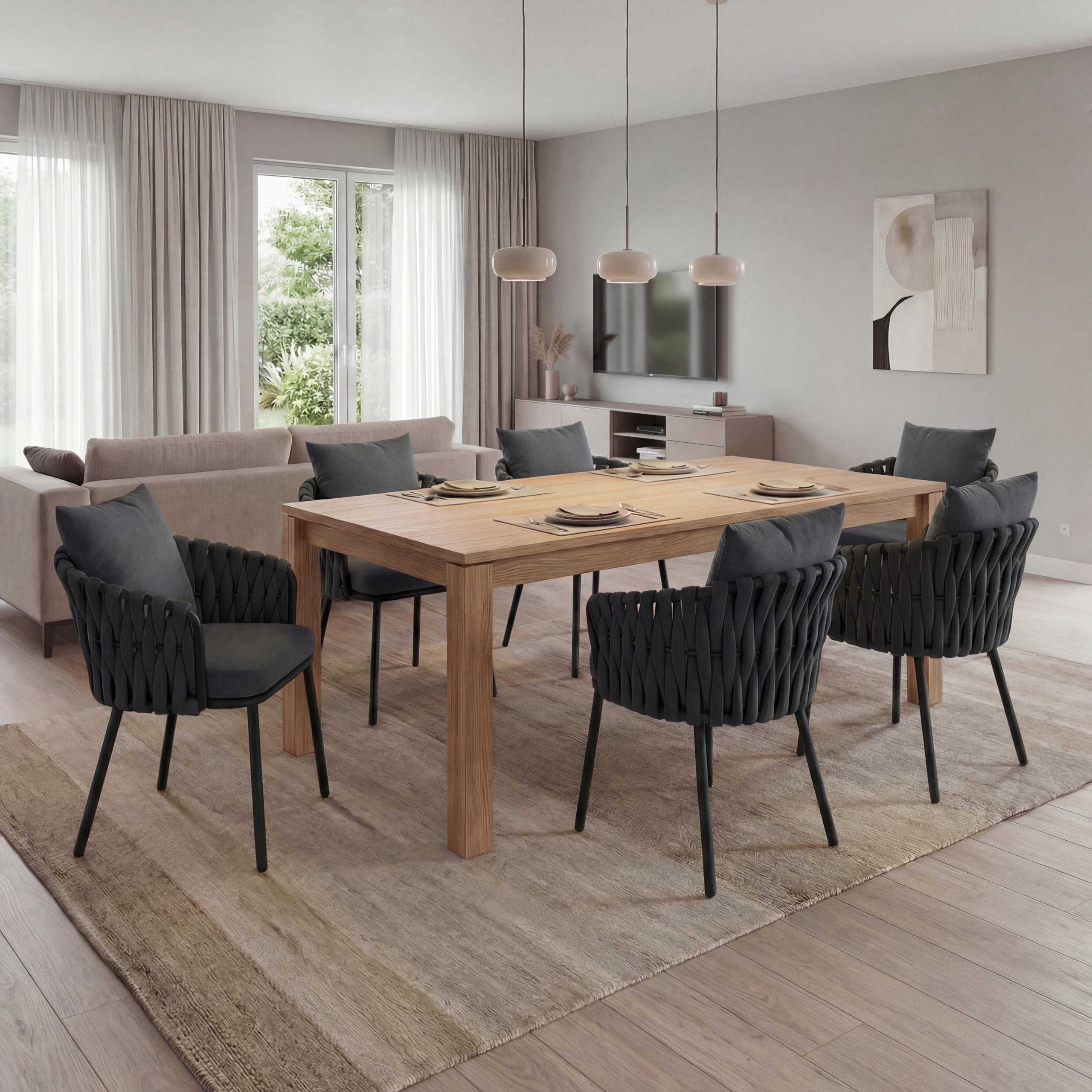 6er-Set Aluminium-Esszimmerstuhl MCW-P89, Indoor Stuhl Armlehne, Stoff/Textil (180 g/m&sup2;) Seilgeflecht Rope ~ anthrazit 