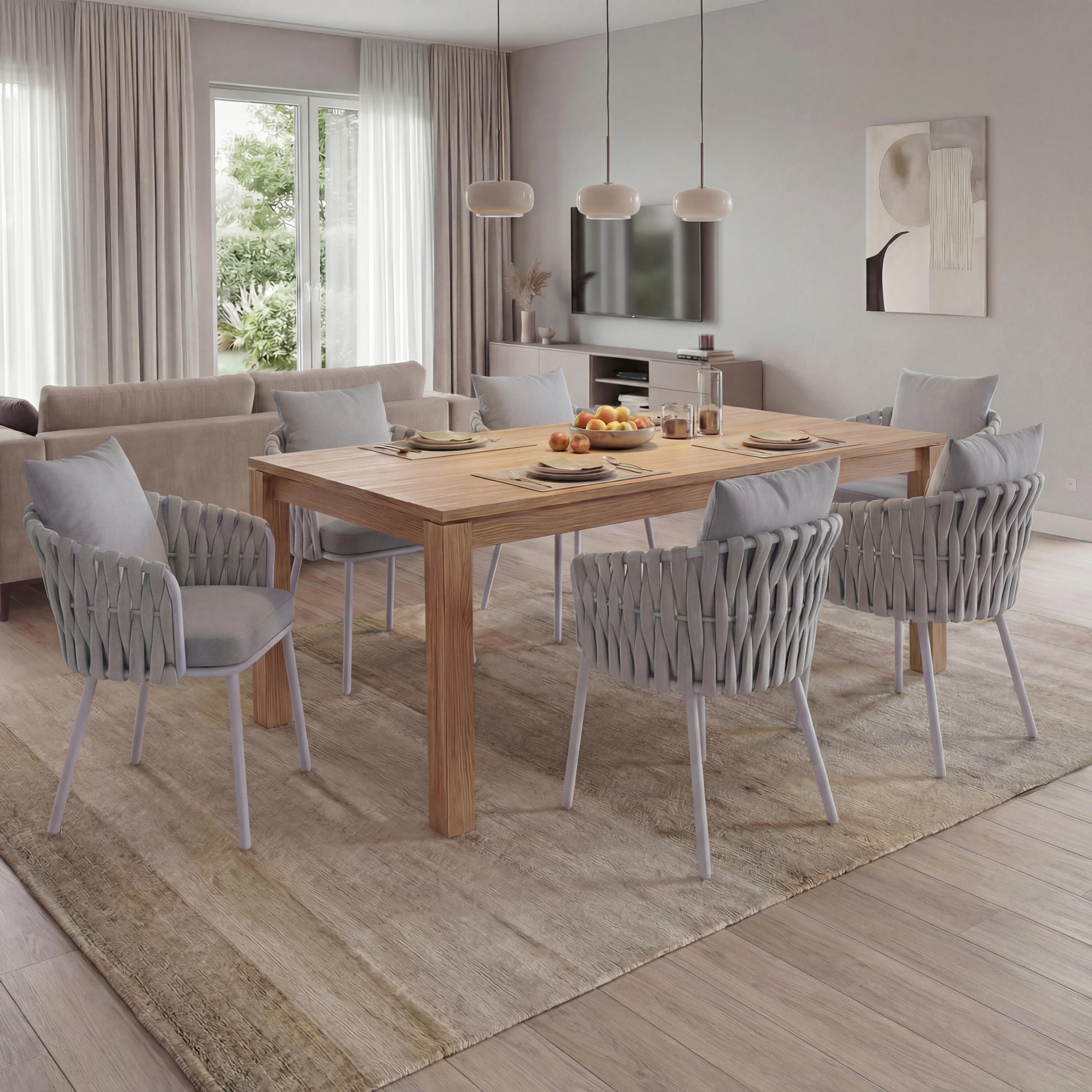 6er-Set Aluminium-Esszimmerstuhl MCW-P89, Indoor Stuhl Armlehne, Stoff/Textil (180 g/m&sup2;) Seilgeflecht Rope ~ hellgrau 