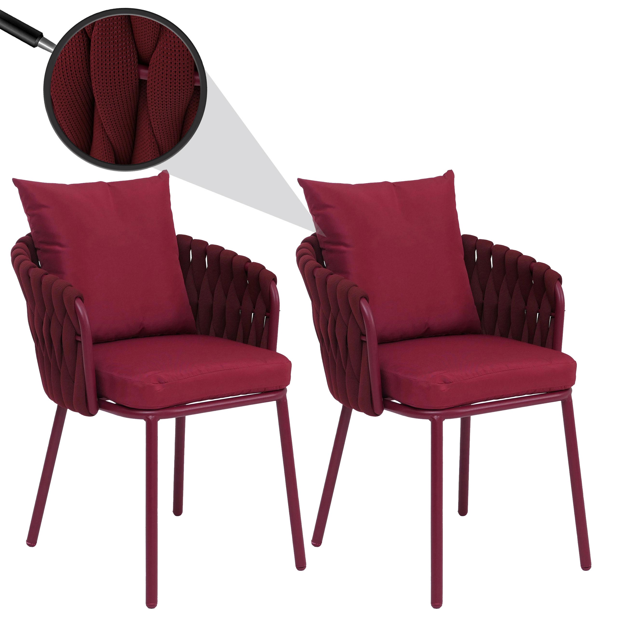 2er-Set Aluminium-Esszimmerstuhl MCW-P89, Indoor Stuhl Armlehne, Stoff/Textil (180 g/m&sup2;) Seilgeflecht Rope ~ bordeaux 