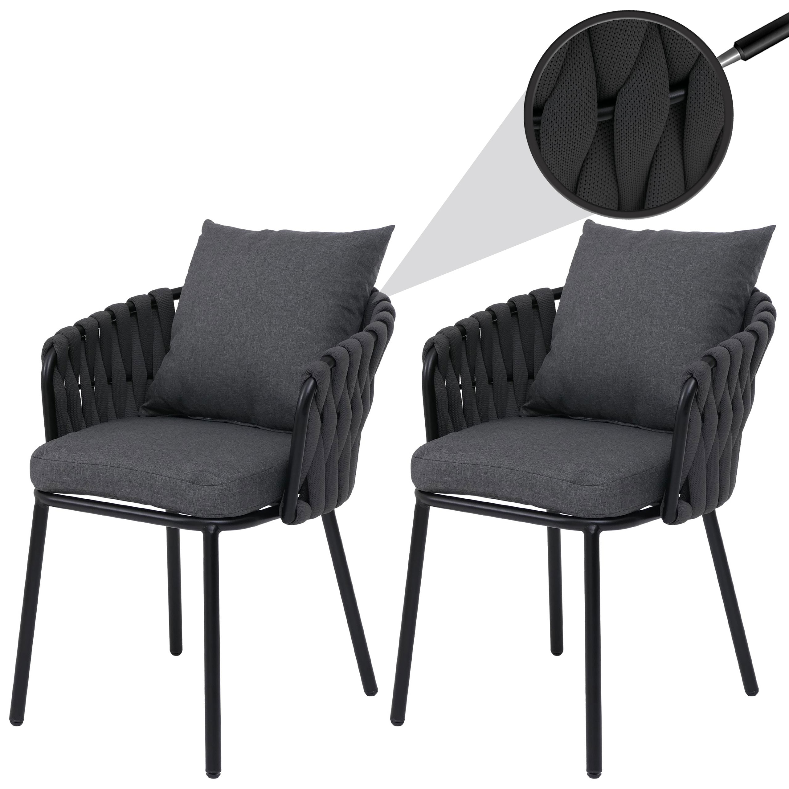 2er-Set Aluminium-Gartenstuhl MCW-P89, Gartensessel Outdoor Stuhl, Stoff/Textil (180 g/m&sup2;) Seilgeflecht Rope ~ anthrazit 