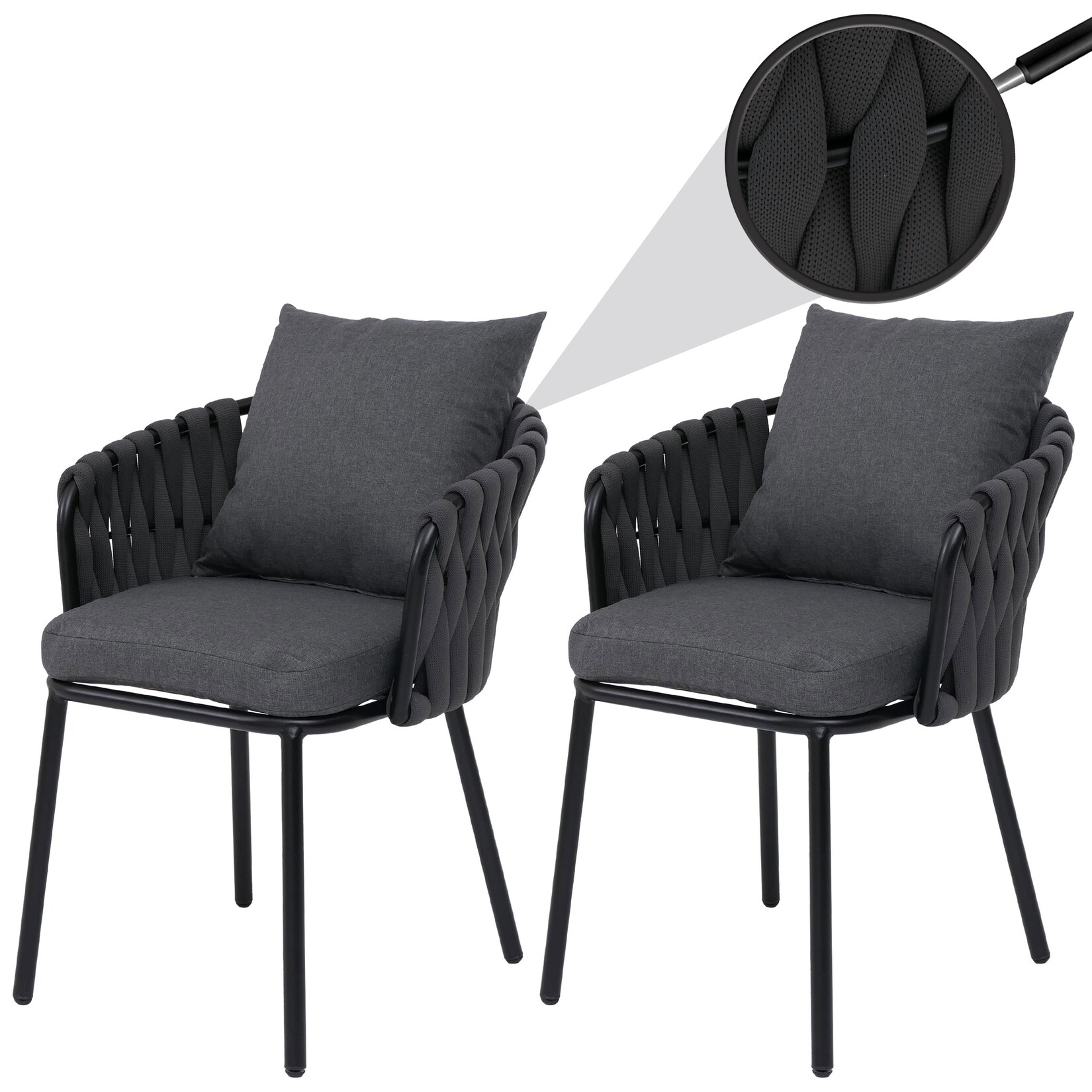 2er-Set Aluminium-Gartenstuhl -P89, Gartensessel Outdoor Stuhl, Stoff/Textil (/m²) Seilgeflecht Rope ~ anthrazit