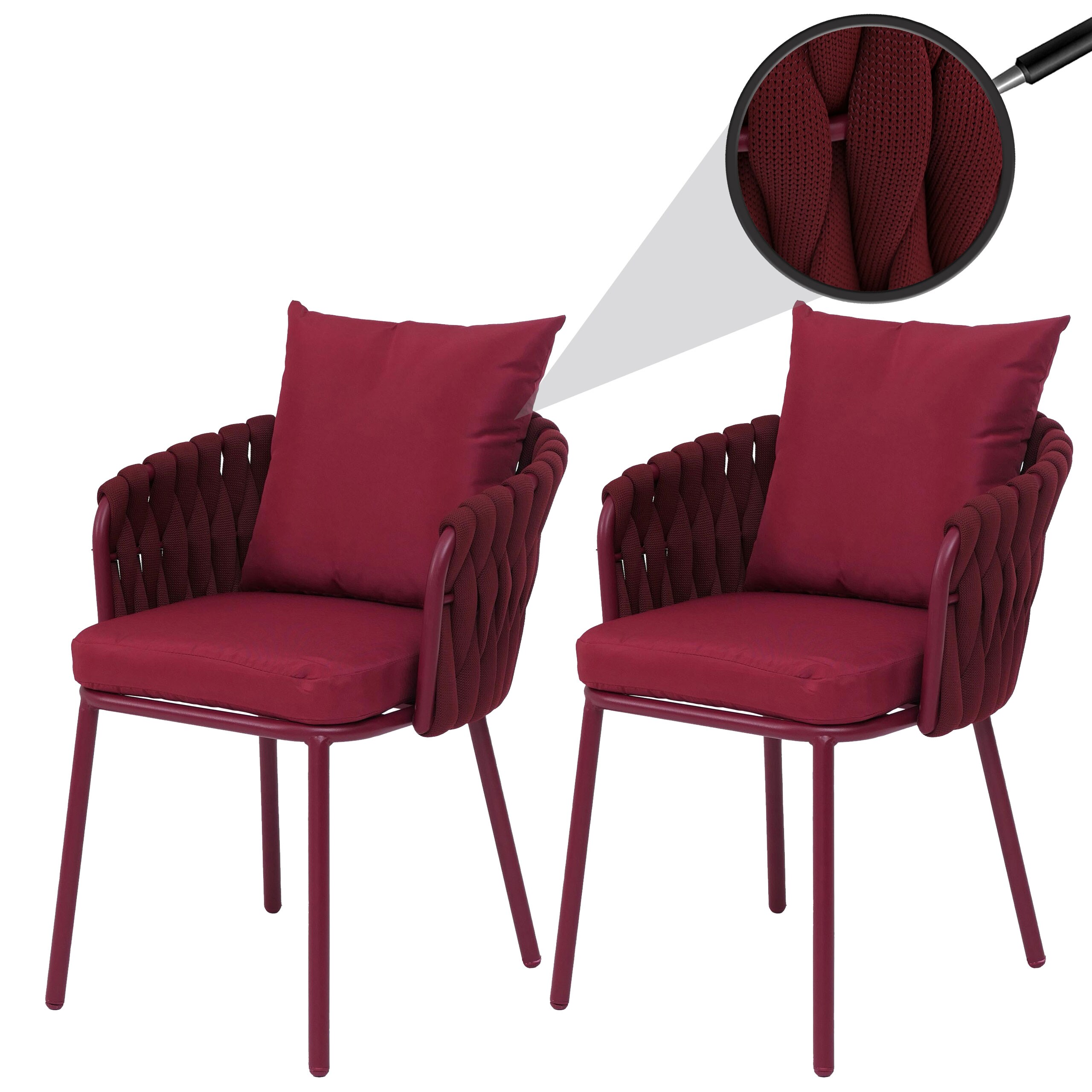 2er-Set Aluminium-Gartenstuhl MCW-P89, Gartensessel Outdoor Stuhl, Stoff/Textil (180 g/m&sup2;) Seilgeflecht Rope ~ bordeaux 