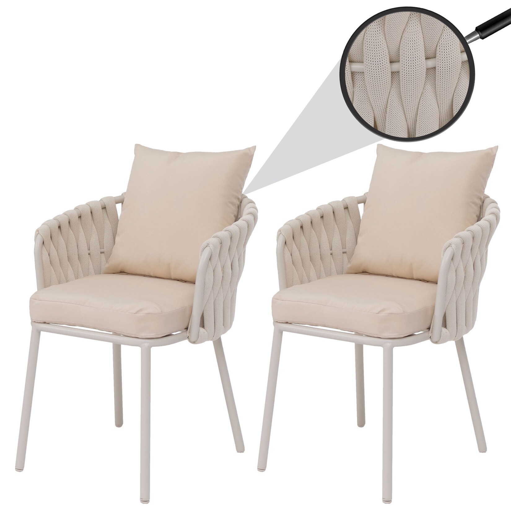 2er-Set Aluminium-Gartenstuhl -P89, Gartensessel Outdoor Stuhl, Stoff/Textil (/m²) Seilgeflecht Rope ~ creme