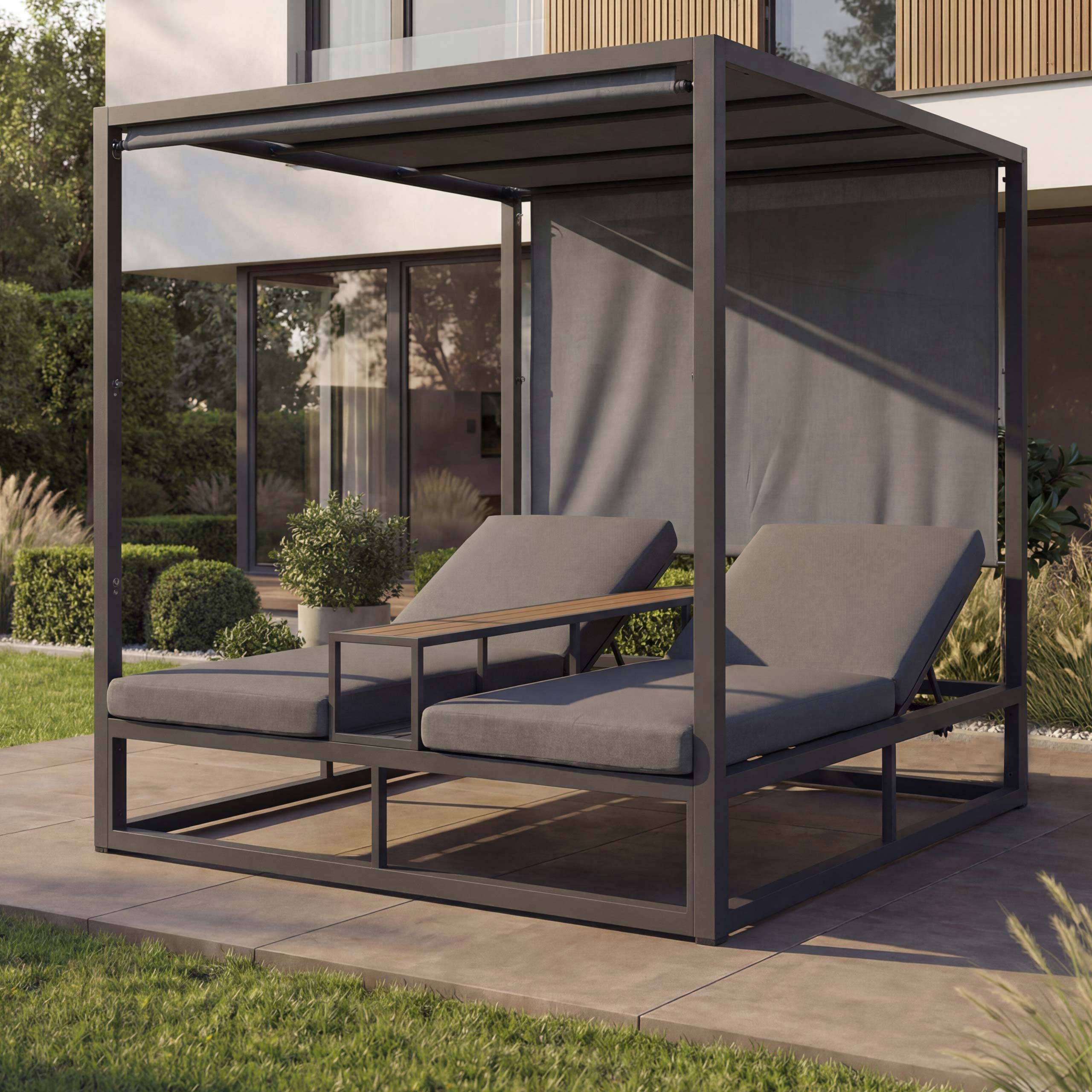 Alu Lounge-Gartenliege MCW-P81, Sonnenliege Daybed, 10cm-Polster 220g/m&sup2; 196x165x196cm ~ dunkelgrau, Polster grau 