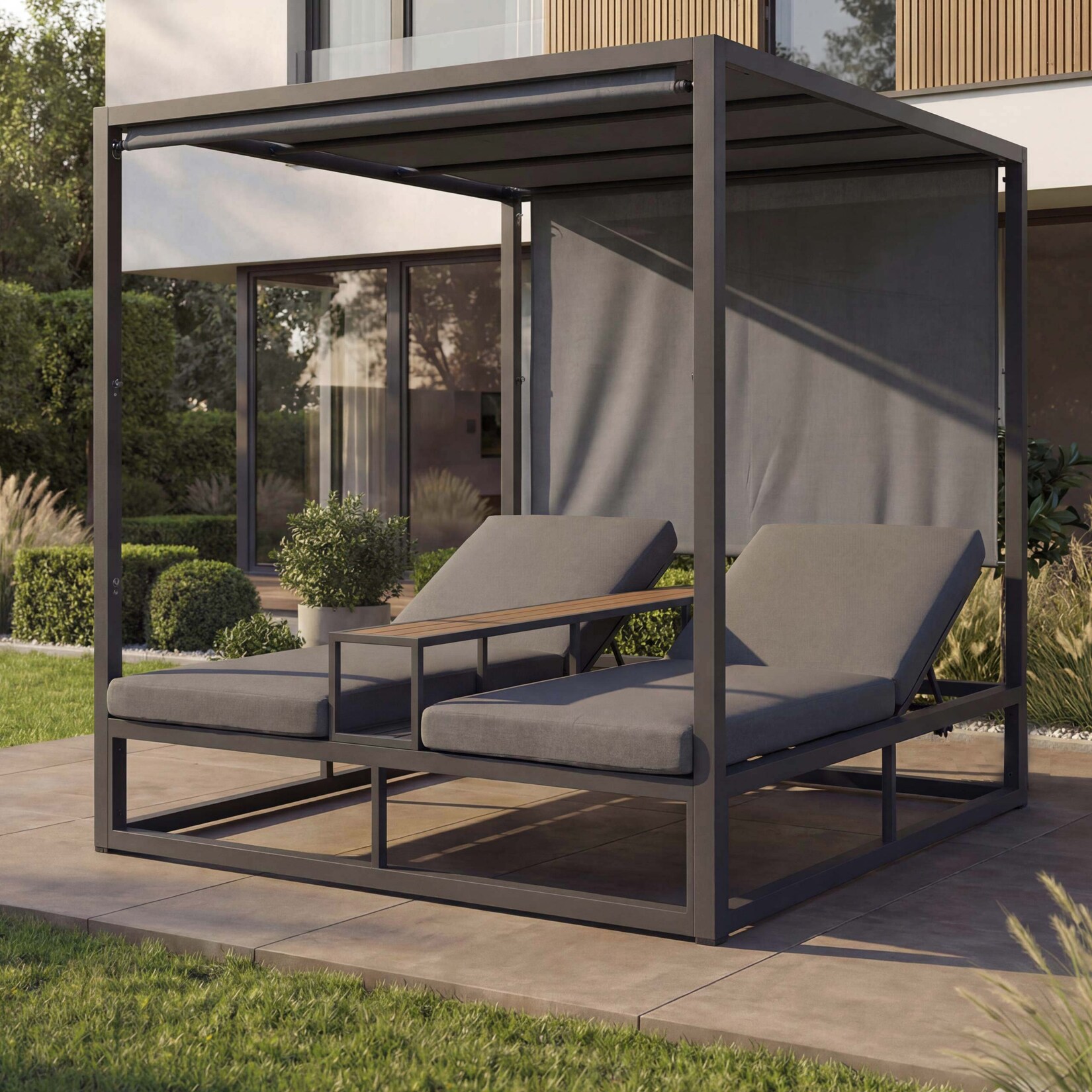 Alu Lounge-Gartenliege -P81, Sonnenliege Daybed, 10cm-Polster /m² 196x165x196cm ~ dunkelgrau, Polster grau