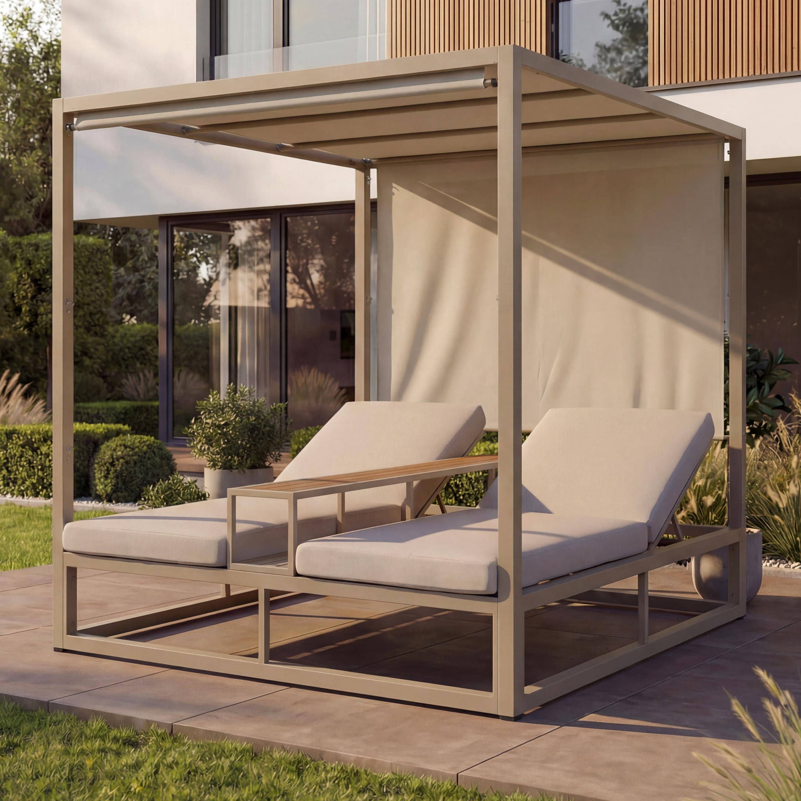 Alu Lounge-Gartenliege MCW-P81, Sonnenliege Daybed, 10cm-Polster 220g/m&sup2; 196x165x196cm ~ beige, Polster beige 