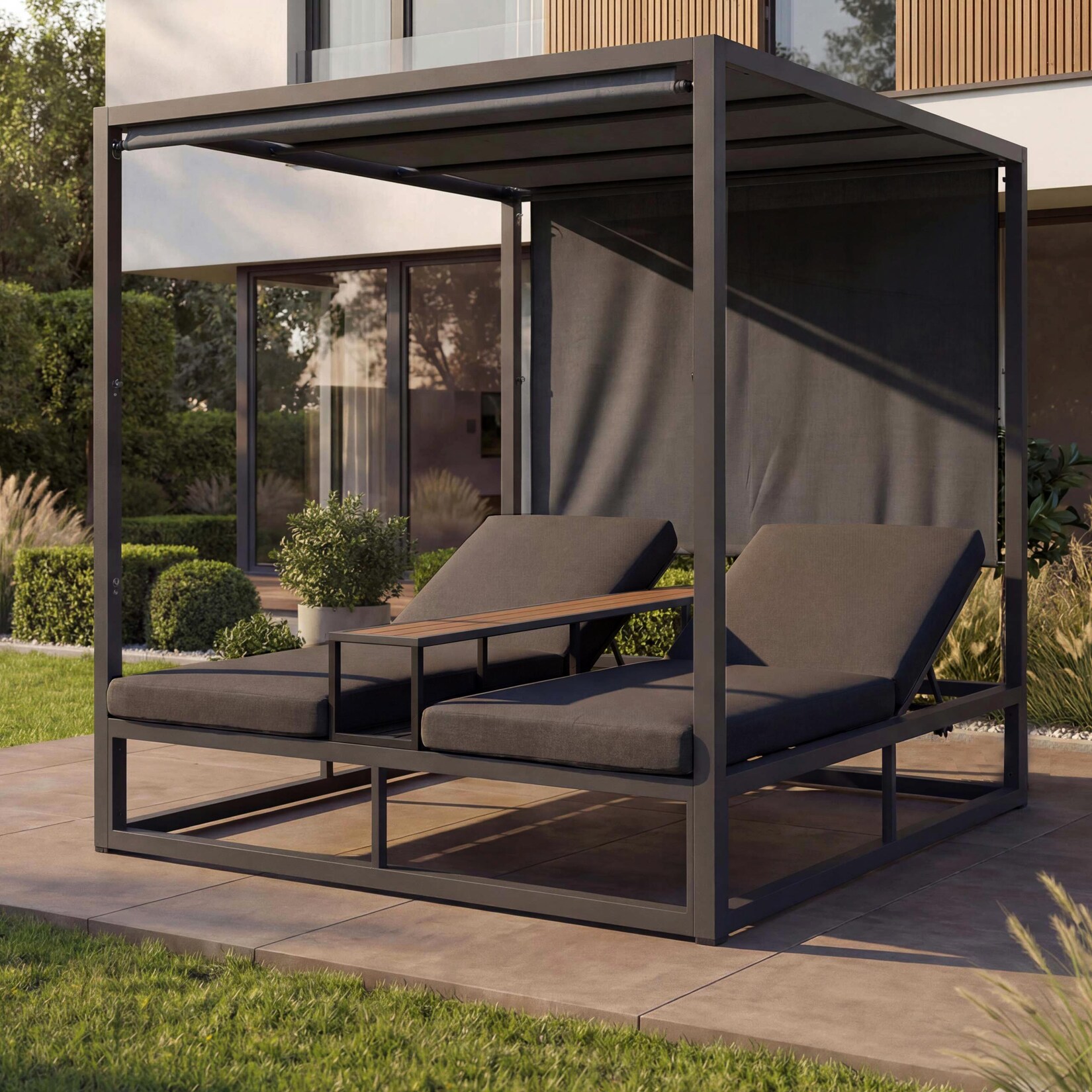 Alu Lounge-Gartenliege -P81, Sonnenliege Daybed, 10cm-Polster /m² 196x165x196cm ~ dunkelgrau, Polster dunkelgrau
