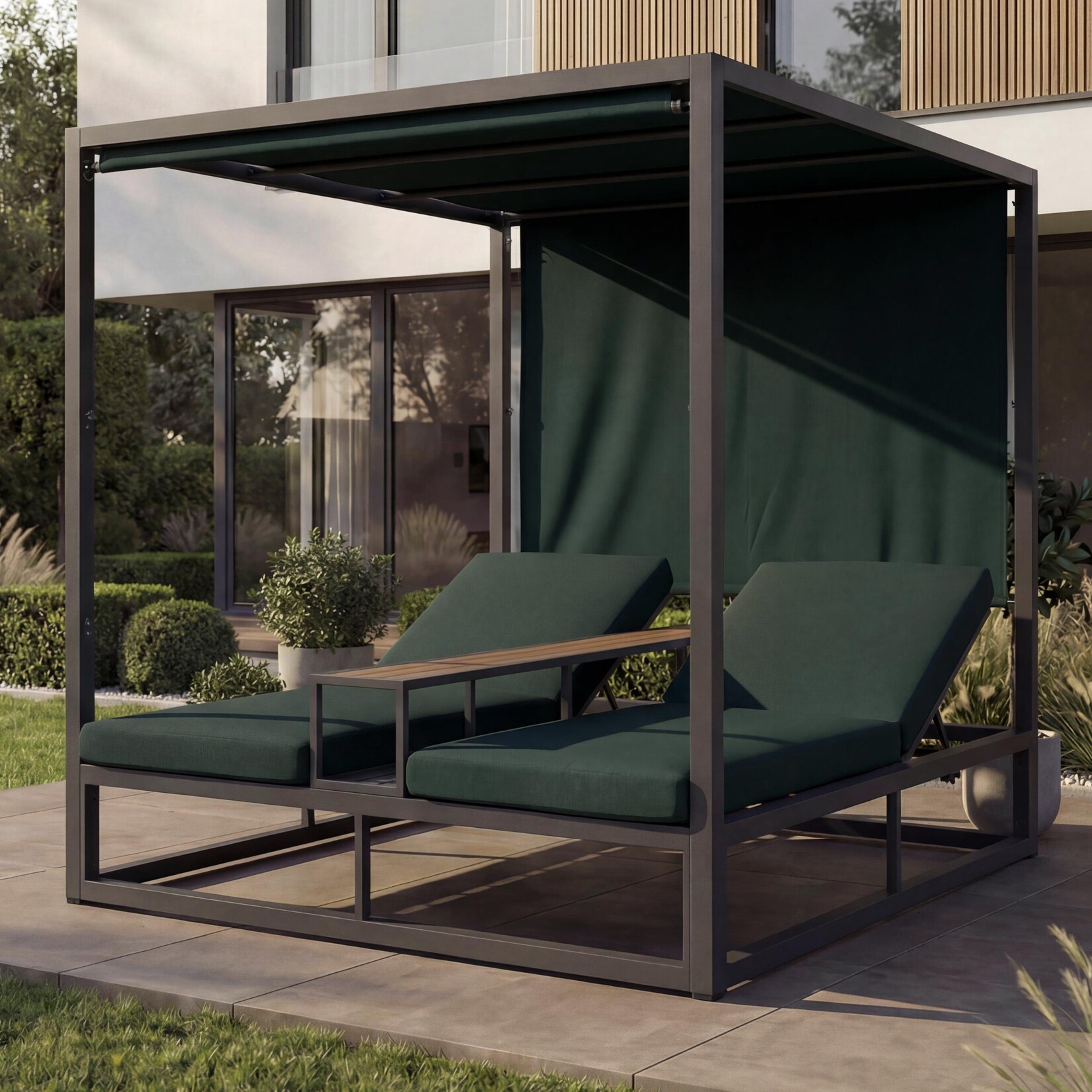 Alu Lounge-Gartenliege -P81, Sonnenliege Daybed, 10cm-Polster /m² 196x165x196cm ~ dunkelgrau, Polster dunkelgrün