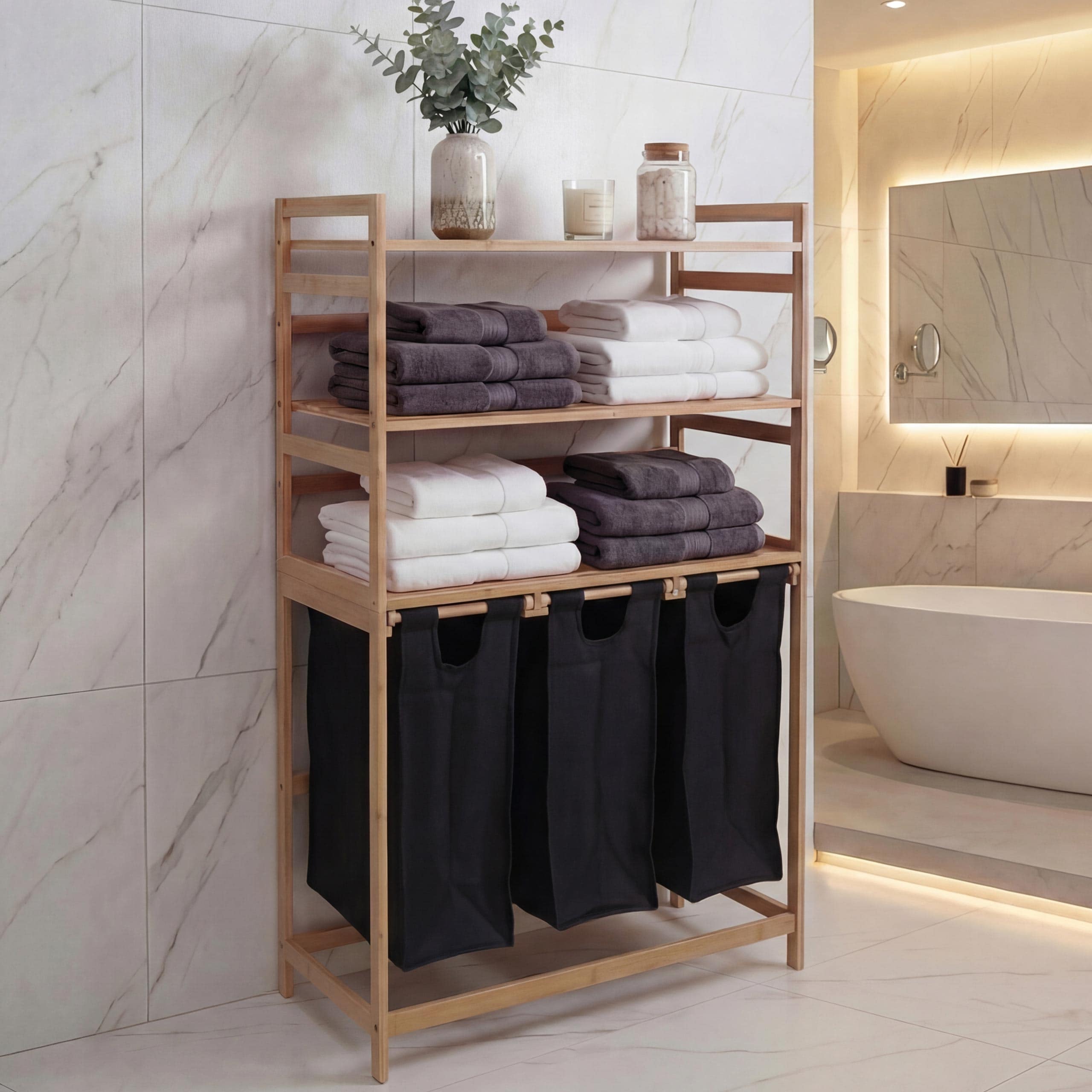 Bambus W&auml;schesammler MCW-P78, W&auml;schesortierer W&auml;schekorb Regal W&auml;scheorganizer, 3 Ablagen MVG 125x80x40cm 135L ~ schwarz 