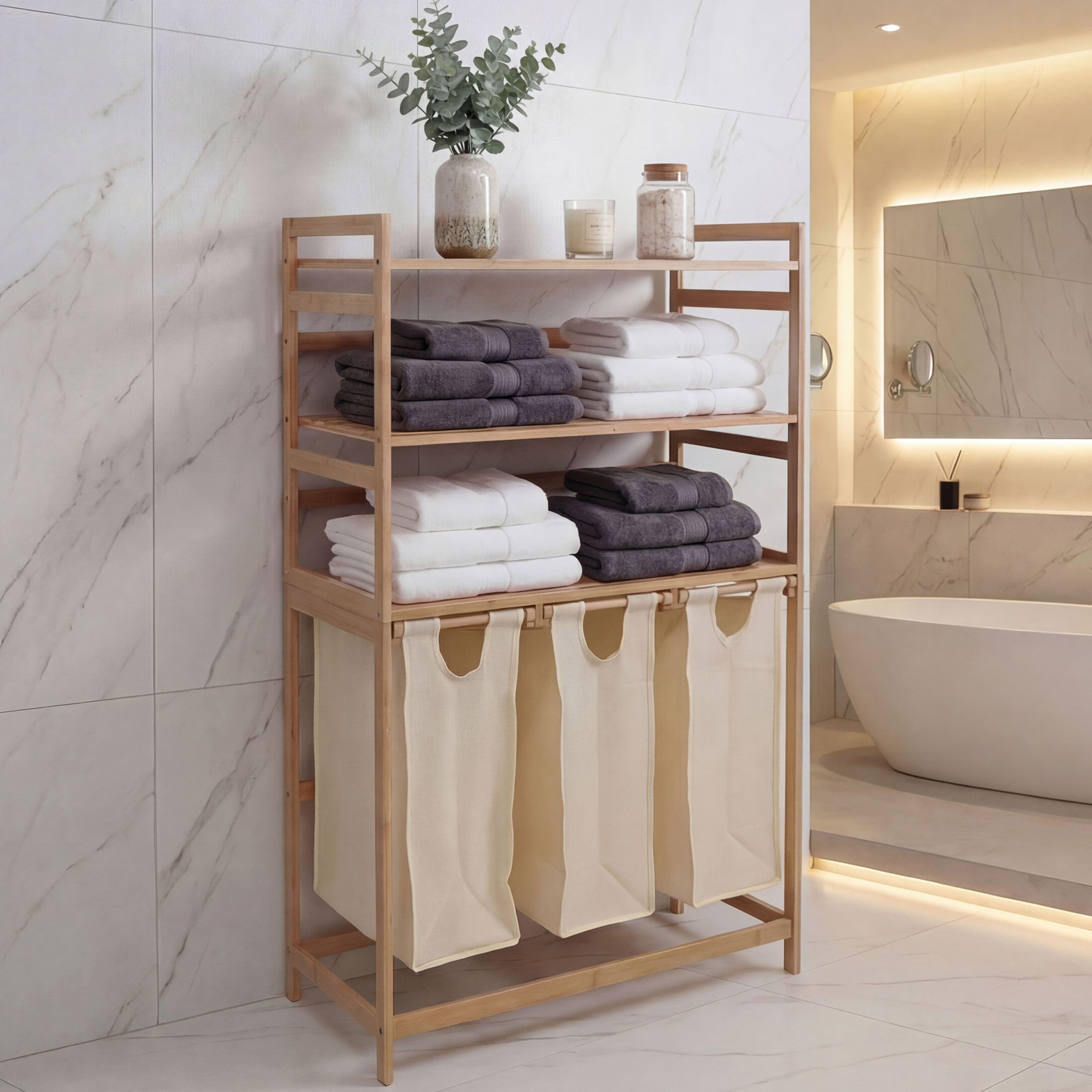Bambus W&auml;schesammler MCW-P78, W&auml;schesortierer W&auml;schekorb Regal W&auml;scheorganizer, 3 Ablagen MVG 125x80x40cm 135L ~ creme 