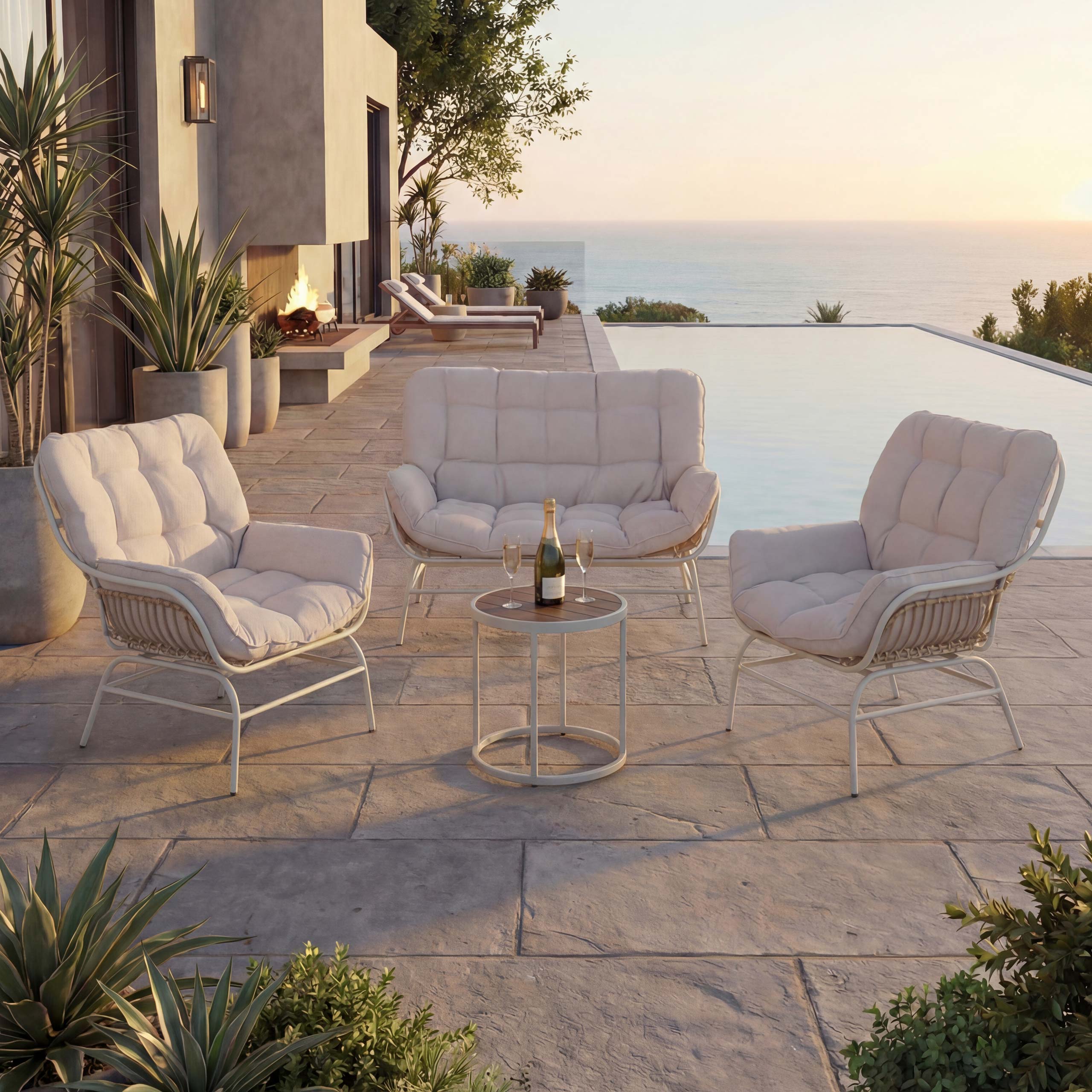 Lounge-Set MCW-P75, Gartengarnitur Sofa Sitzgruppe, Stoff 220g/m&sup2; Poly-Rattan Metall ~ hellgrau, Polster beige 