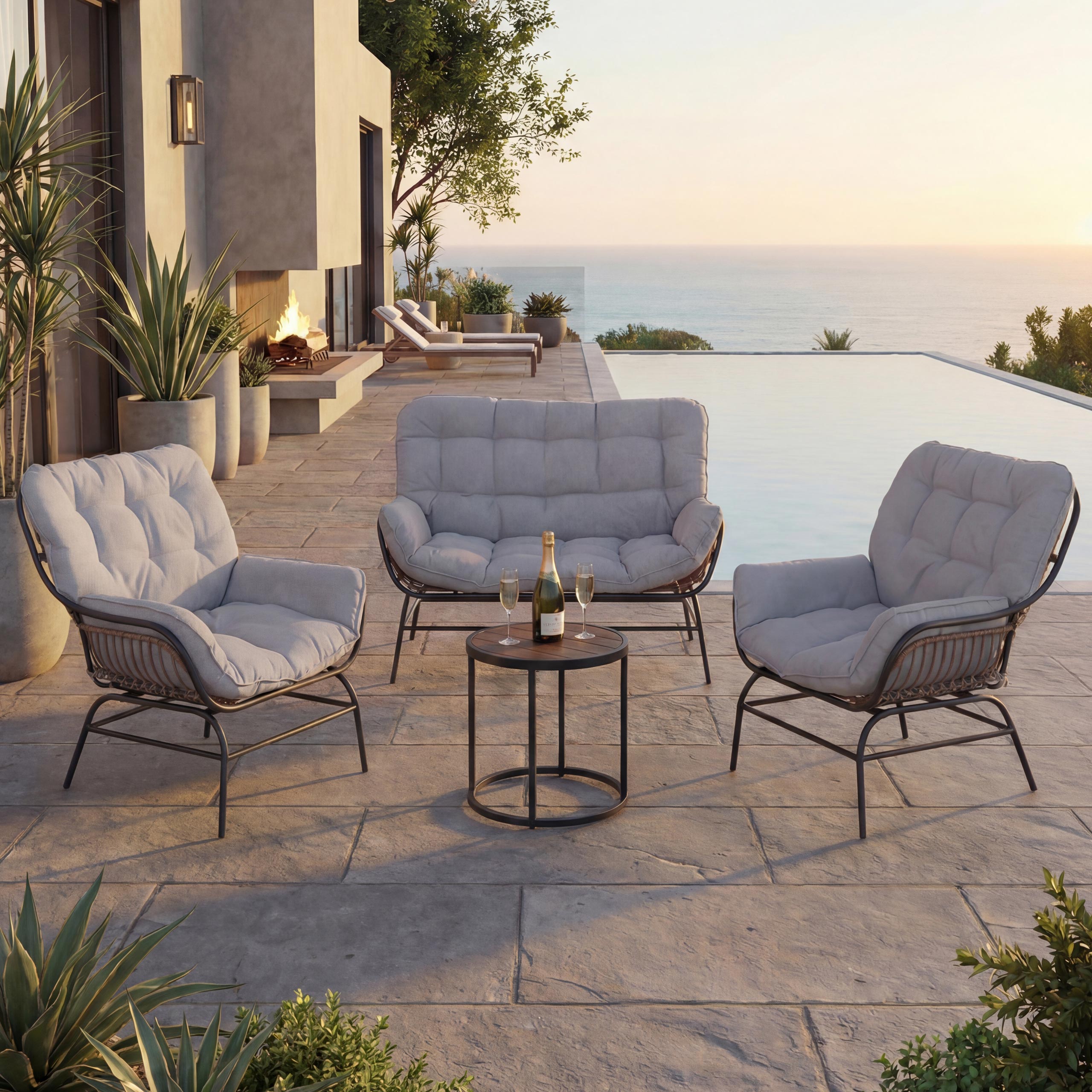 Lounge-Set MCW-P75, Gartengarnitur Sofa Sitzgruppe, Stoff 220g/m&sup2; Poly-Rattan Metall ~ dunkelgrau, Polster hellgrau 