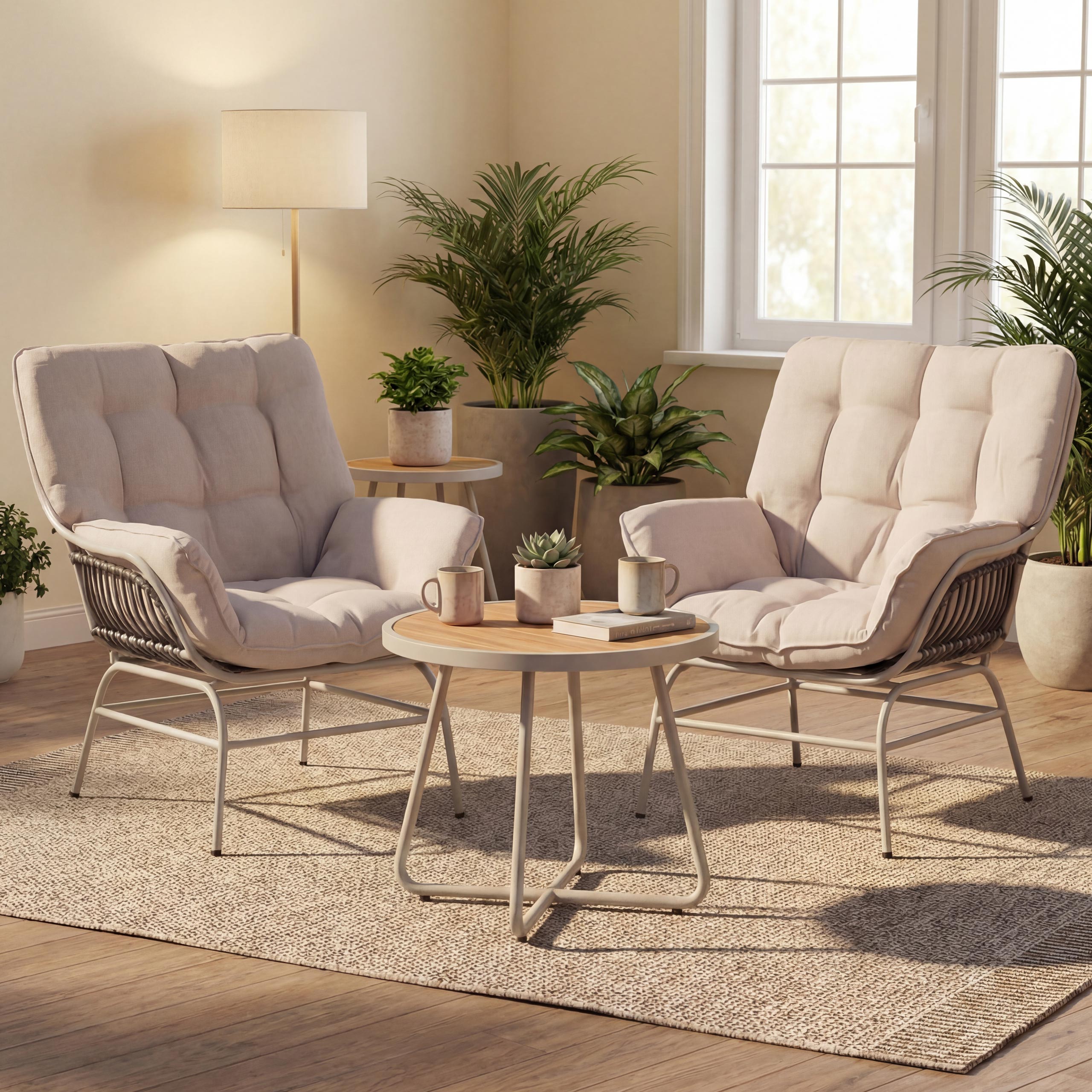 2er-Set Loungestuhl MCW-P75, Loungesessel Relaxstuhl, Stoff&nbsp;220g/m&sup2; Poly-Rattan Metall ~ hellgrau, Polster beige 