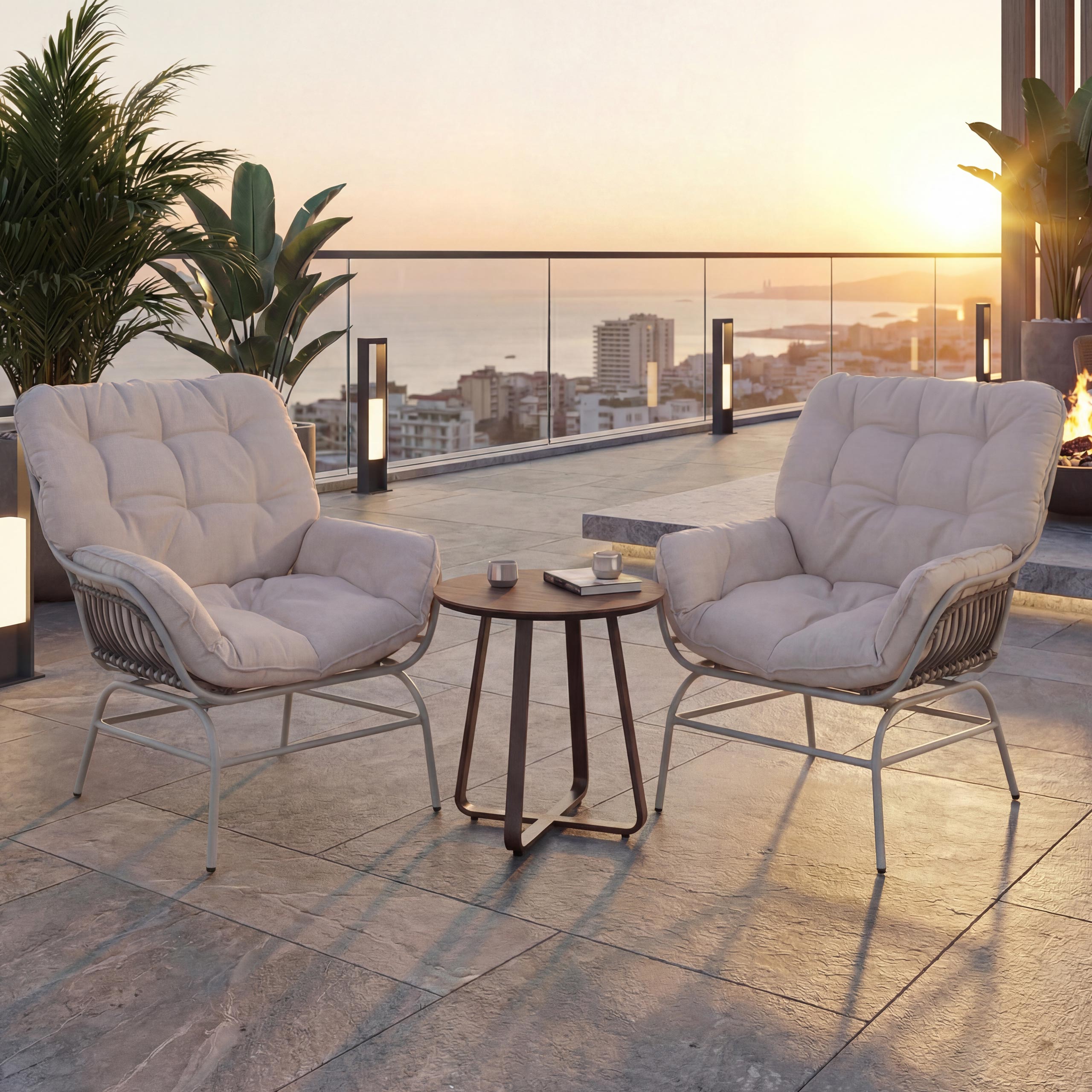 2er-Set Gartenstuhl MCW-P75, Gartensessel Loungesessel, Stoff 220g/m&sup2; Poly-Rattan Metall ~ hellgrau, Polster beige 