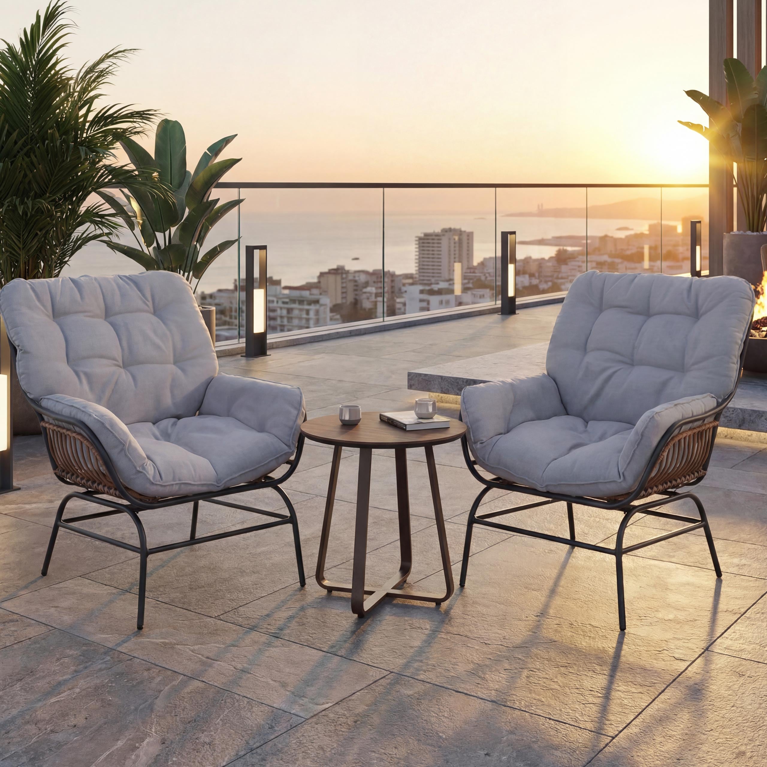 2er-Set Gartenstuhl MCW-P75, Gartensessel Loungesessel, Stoff 220g/m&sup2; Poly-Rattan Metall ~ dunkelgrau, Polster hellgrau 