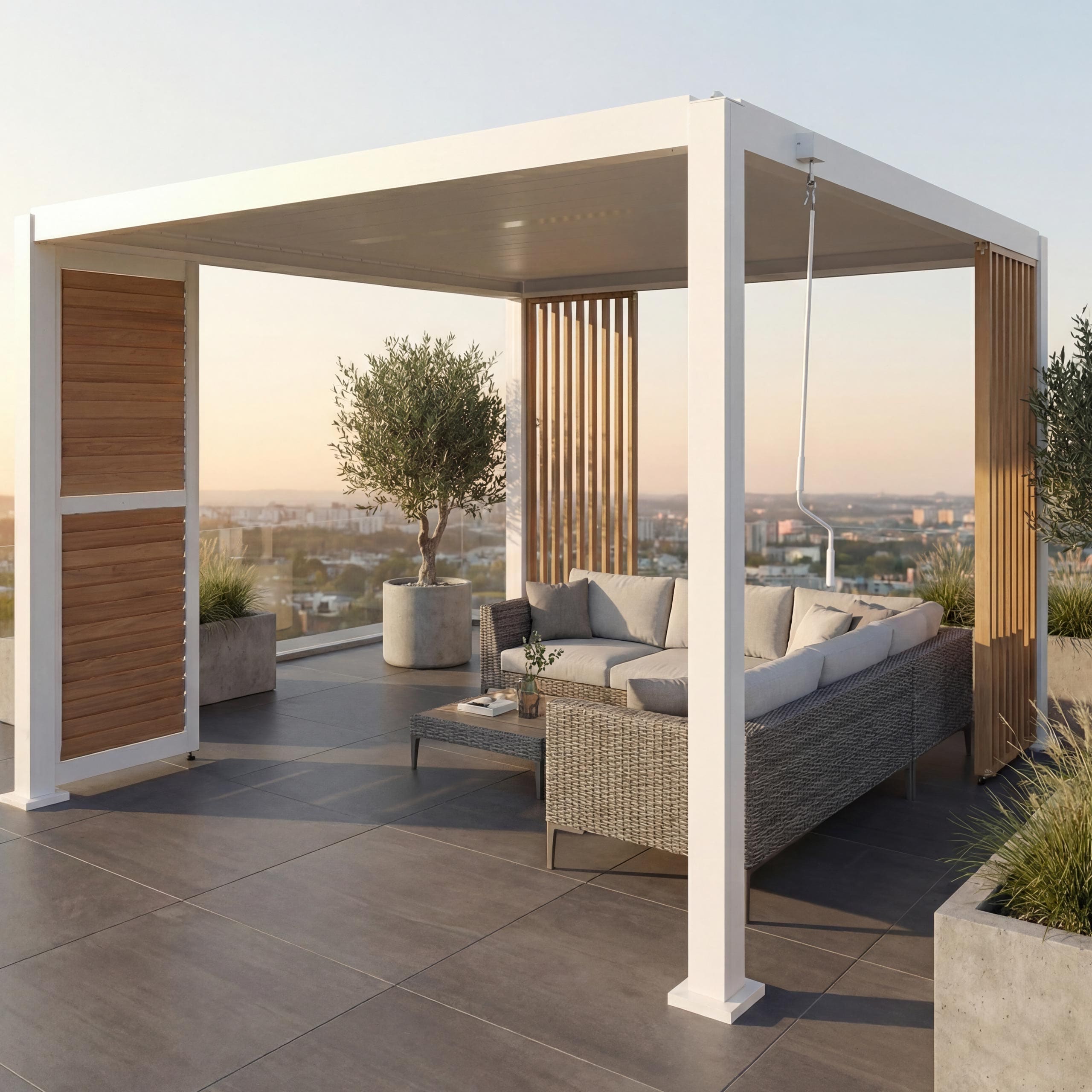 Pergola MCW-P65 mit 1x Lamellenwand und 2x Seitenwand, Lamellen-Pavillon, 10cm-Alu-Gestell 3x3m Holzoptik ~ wei&szlig; 