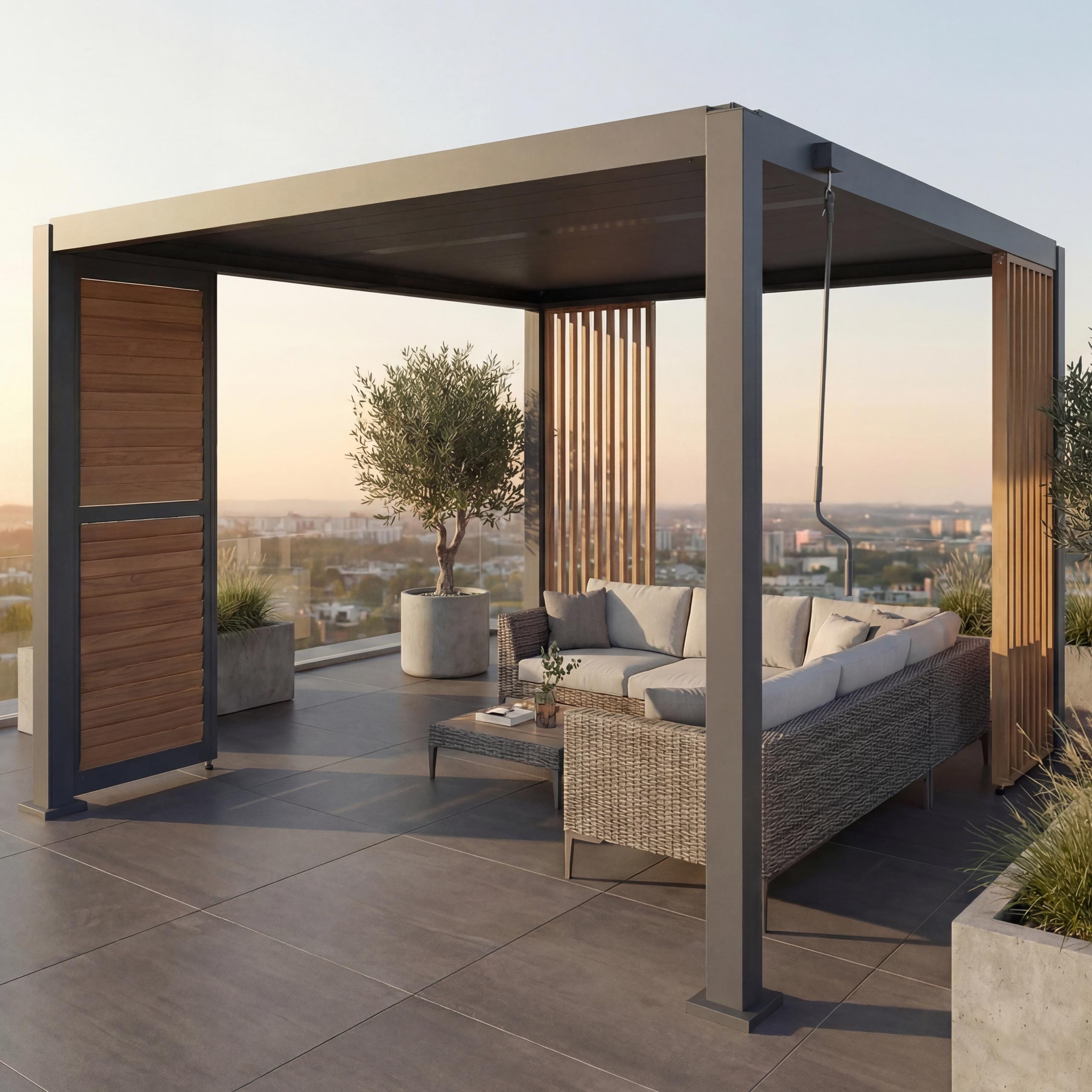 Pergola MCW-P65 mit 1x Lamellenwand und 2x Seitenwand, Lamellen-Pavillon, 10cm-Alu-Gestell 3x3m Holzoptik ~ anthrazit 