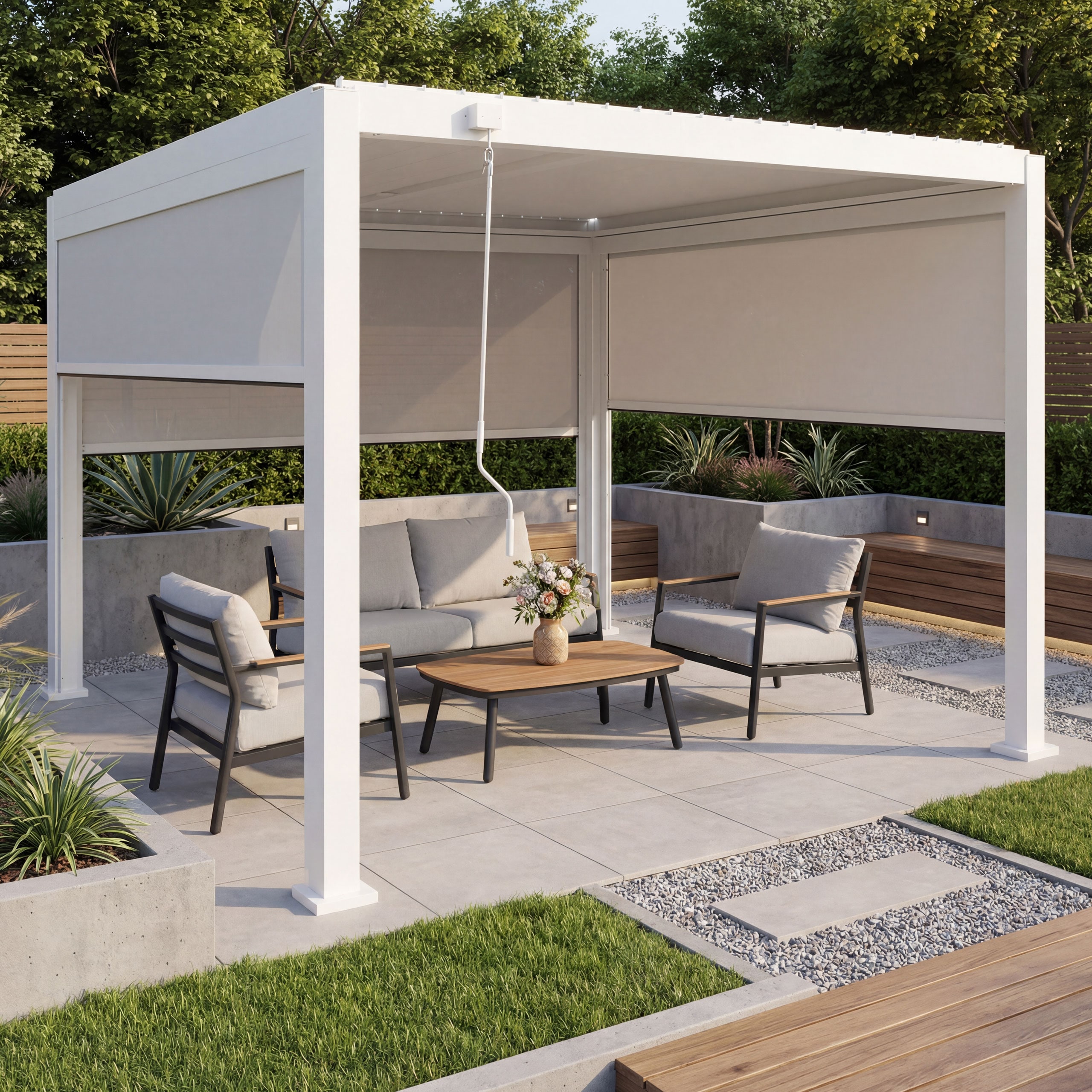 Pergola MCW-P65 mit 3x Seitenwand, Rollo Terrassen&uuml;berdachung Garten Lamellenpavillon, 10cm-Alu-Gestell 3x3m ~ wei&szlig; 