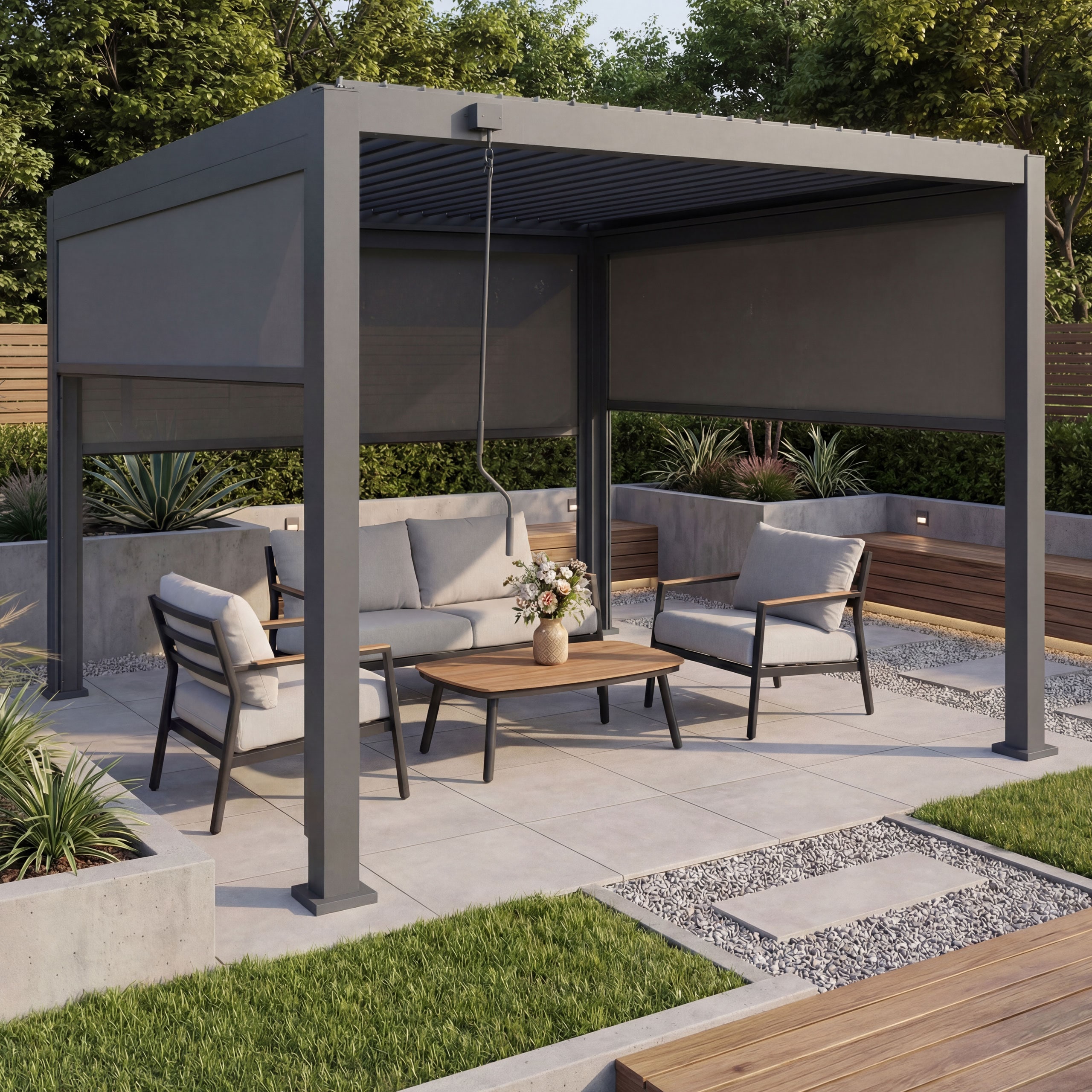 Pergola MCW-P65 mit 3x Seitenwand, Rollo Terrassen&uuml;berdachung Garten Lamellenpavillon, 10cm-Alu-Gestell 3x3m ~ anthrazit 