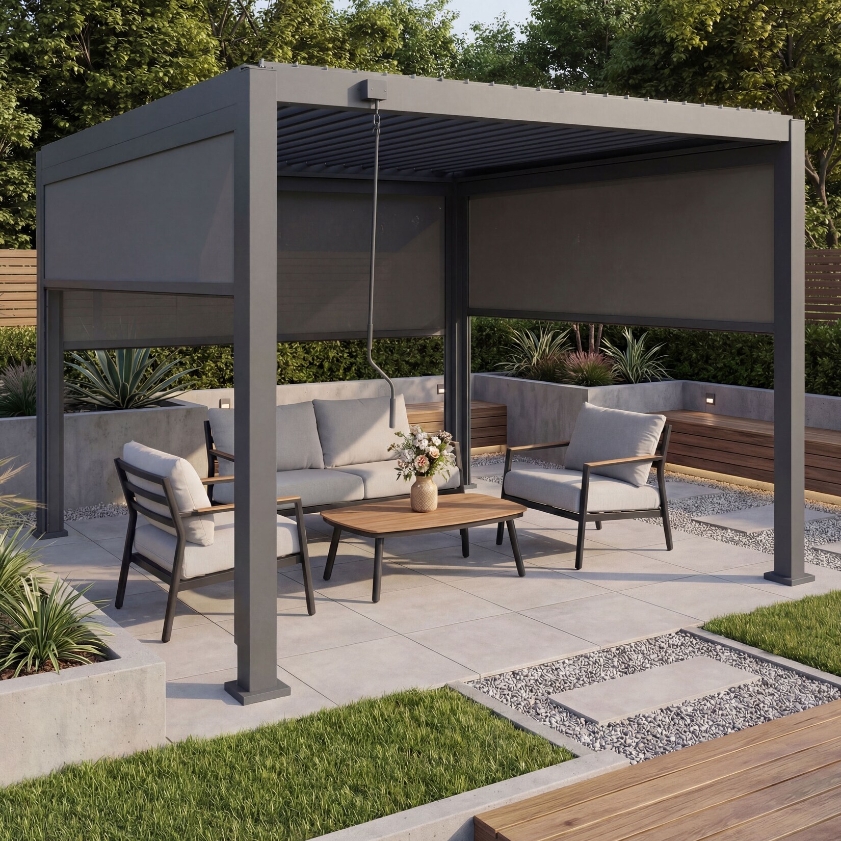 Pergola -P65 mit 3x Seitenwand, Rollo Terrassenüberdachung Garten Lamellenpavillon, 10cm-Alu-Gestell 3x3m ~ anthrazit