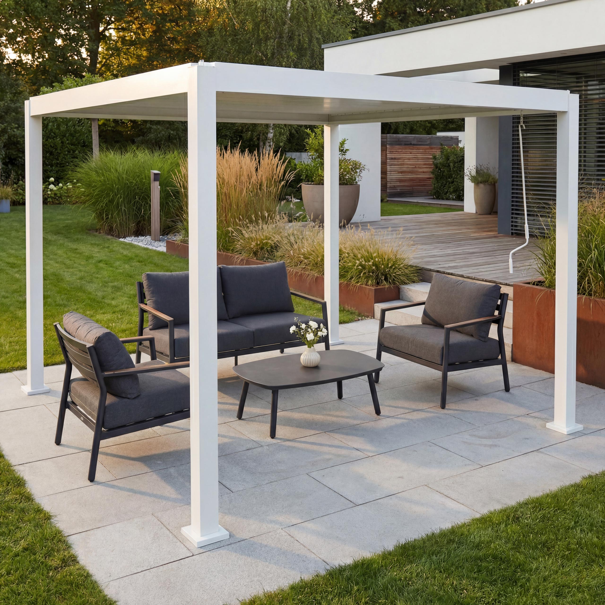 Pergola MCW-P65, Terrassen&uuml;berdachung Gartenpavillon Lamellen-Pavillon, 10cm-Aluminium-Gestell 3x3m ~ wei&szlig; 