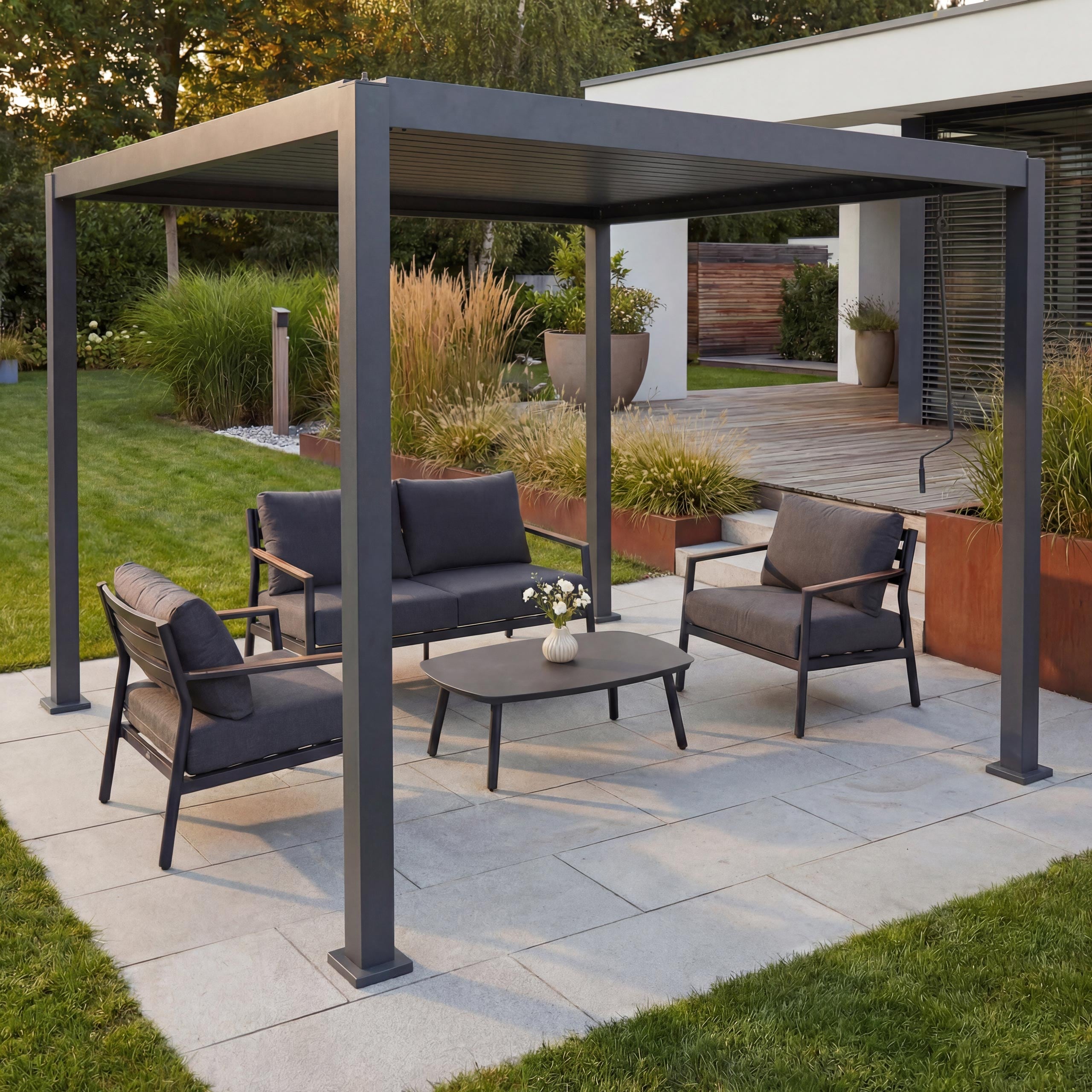 Pergola MCW-P65, Terrassen&uuml;berdachung Gartenpavillon Lamellen-Pavillon, 10cm-Aluminium-Gestell 3x3m ~ anthrazit 
