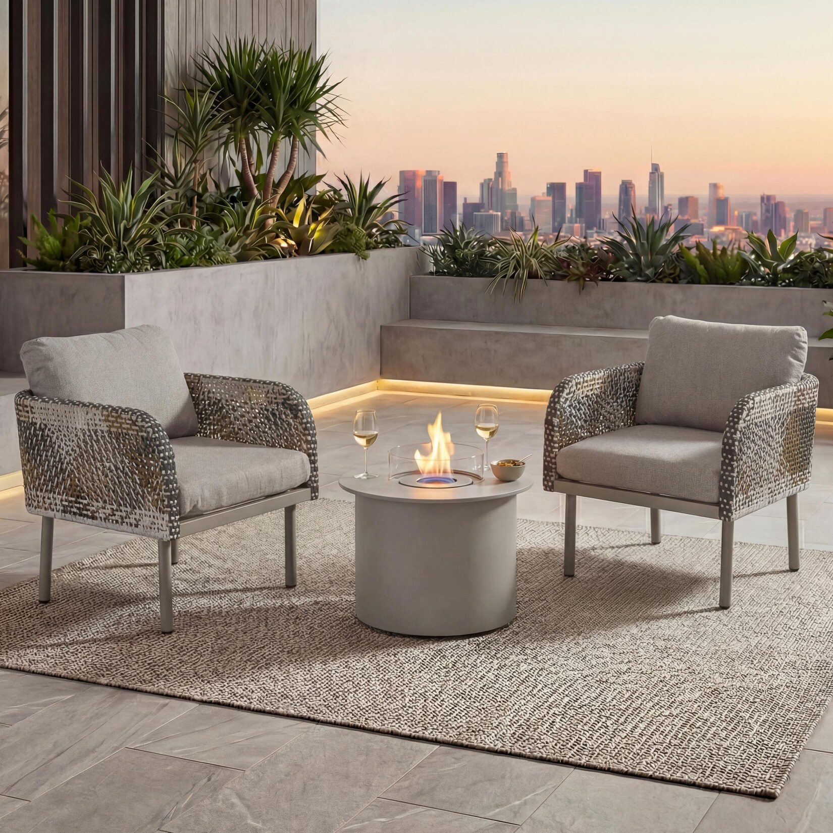 Poly-Rattan Garnitur -P80, Lounge-Set Garten Stuhl, Tischkamin&nbsp;Bioethanol-Fire-Pit Alu Stoff /m² ~ creme-beige