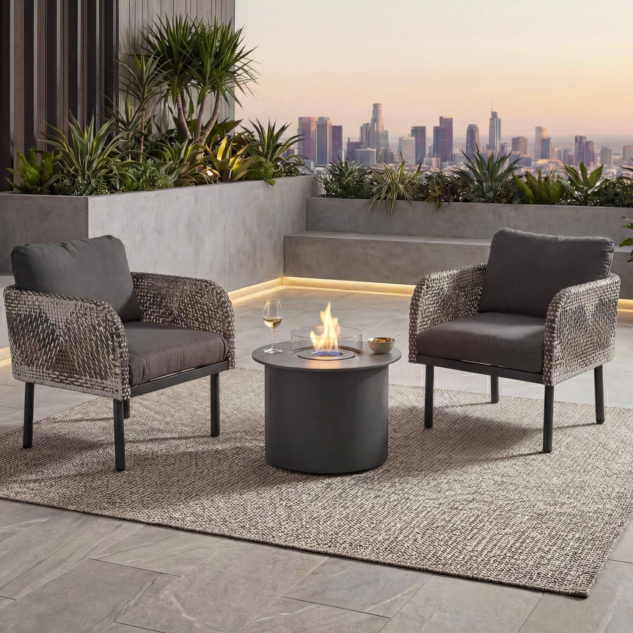 Poly-Rattan Garnitur MCW-P80, Lounge-Set Garten Stuhl, Tischkamin&nbsp;Bioethanol-Fire-Pit Alu Stoff 220g/m&sup2; ~ dunkelgrau 