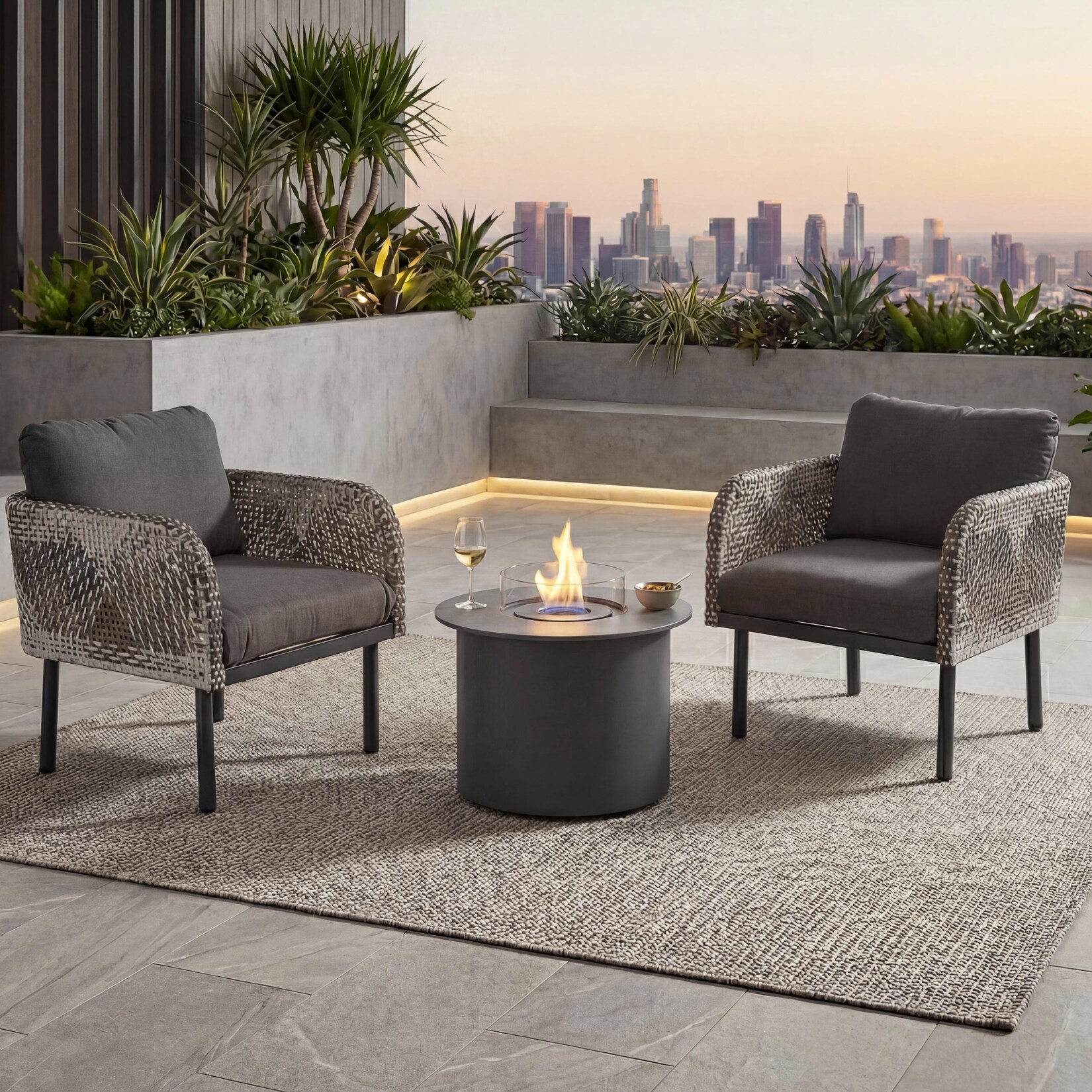 Poly-Rattan Garnitur -P80, Lounge-Set Garten Stuhl, Tischkamin&nbsp;Bioethanol-Fire-Pit Alu Stoff /m² ~ dunkelgrau