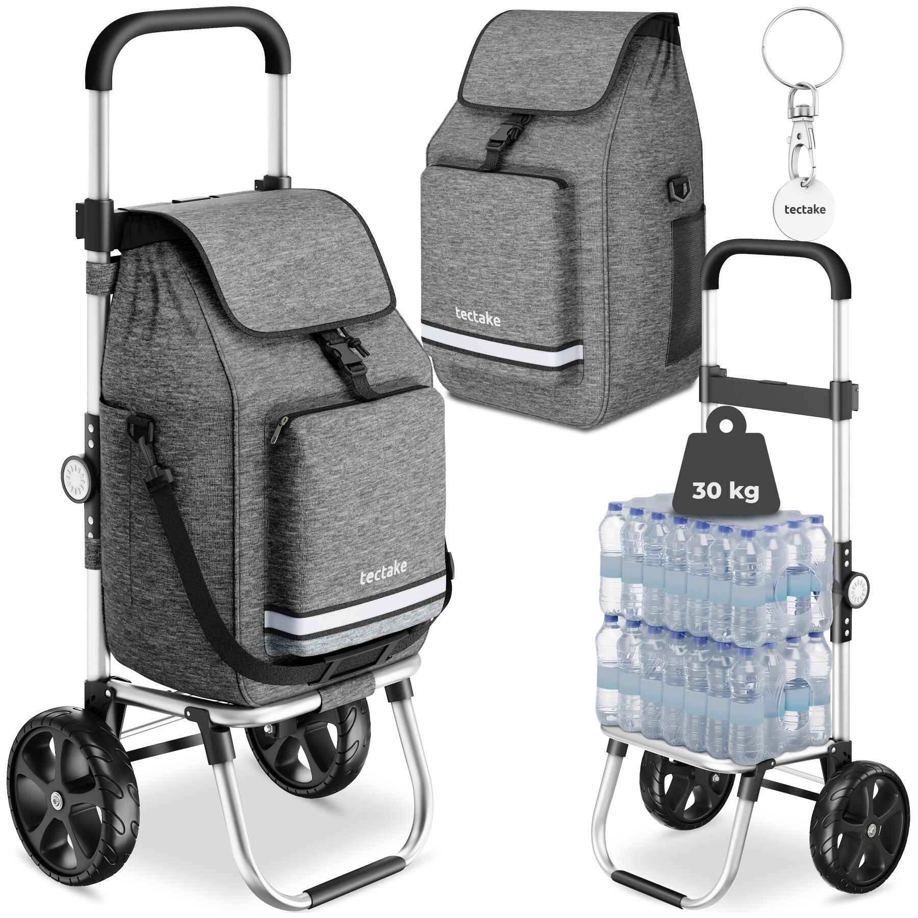 tectake&reg; Einkaufstrolley, 3-in-1, Nutzung auch als Umh&auml;ngetasche und Sackkarre, 45,5 l, l&auml;ngenverstellbarer Gurt, h&ouml;henverstellbarer und gepolsterter Griff, inkl. K&uuml;hltasche und leichtg&auml;ngige Profilr&auml;der 