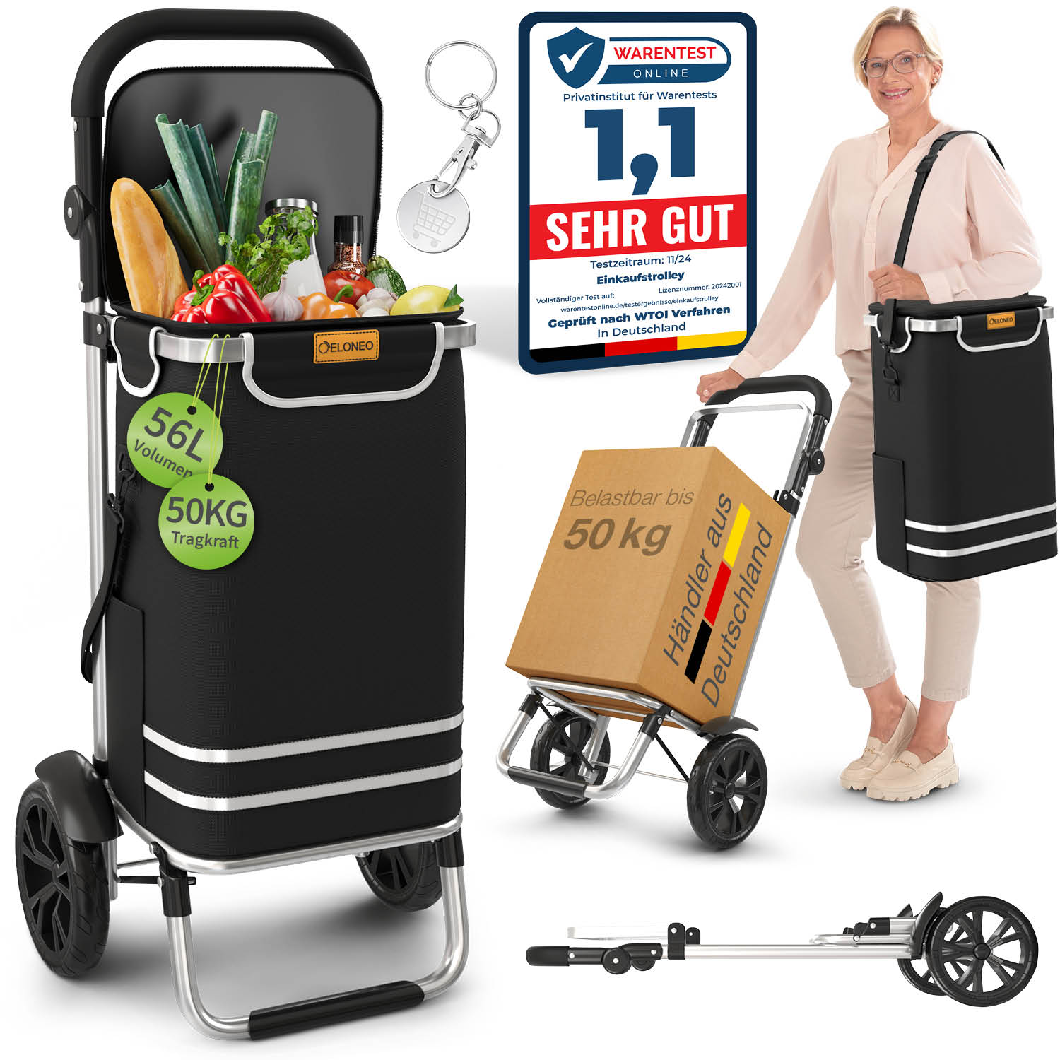 ELONEO Einkaufstrolley klappbar, Einkaufswagen mit K&uuml;hlfach, 3in1 Trolley, Shopping Trolley 56L & Umh&auml;ngetasche - Schwarz 