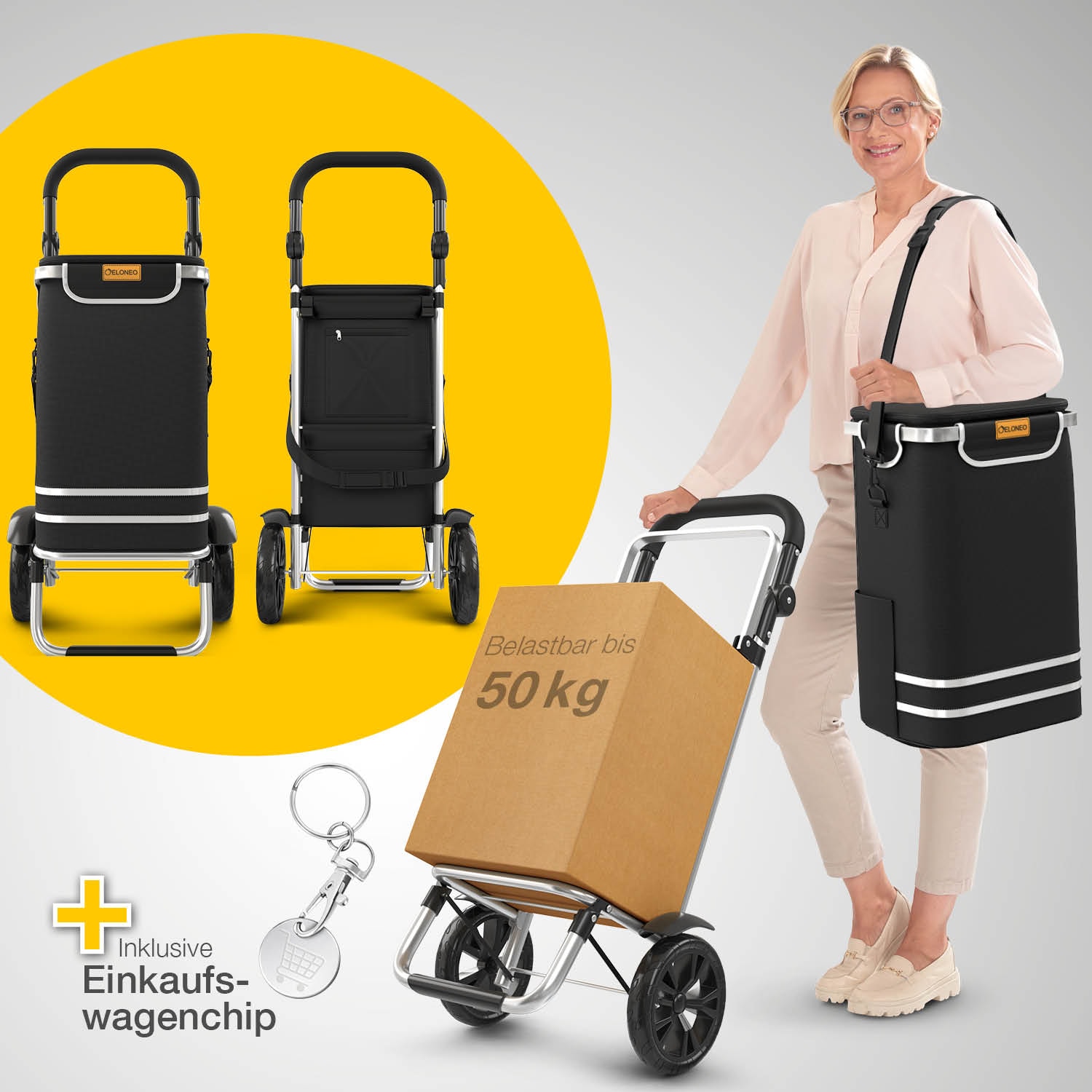ELONEO Einkaufstrolley klappbar, Einkaufswagen mit Kühlfach, 3in1 Trolley, Shopping Trolley 56L & Umhängetasche