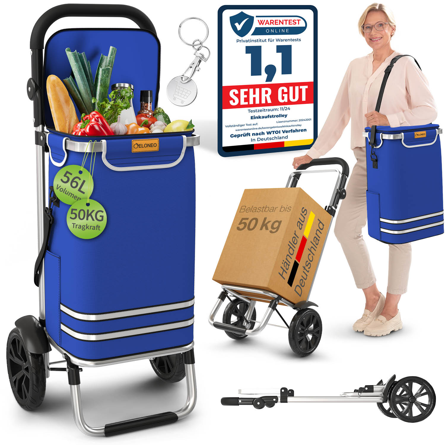 ELONEO Einkaufstrolley klappbar, Einkaufswagen mit K&uuml;hlfach, 3in1 Trolley, Shopping Trolley 56L & Umh&auml;ngetasche - Blau 