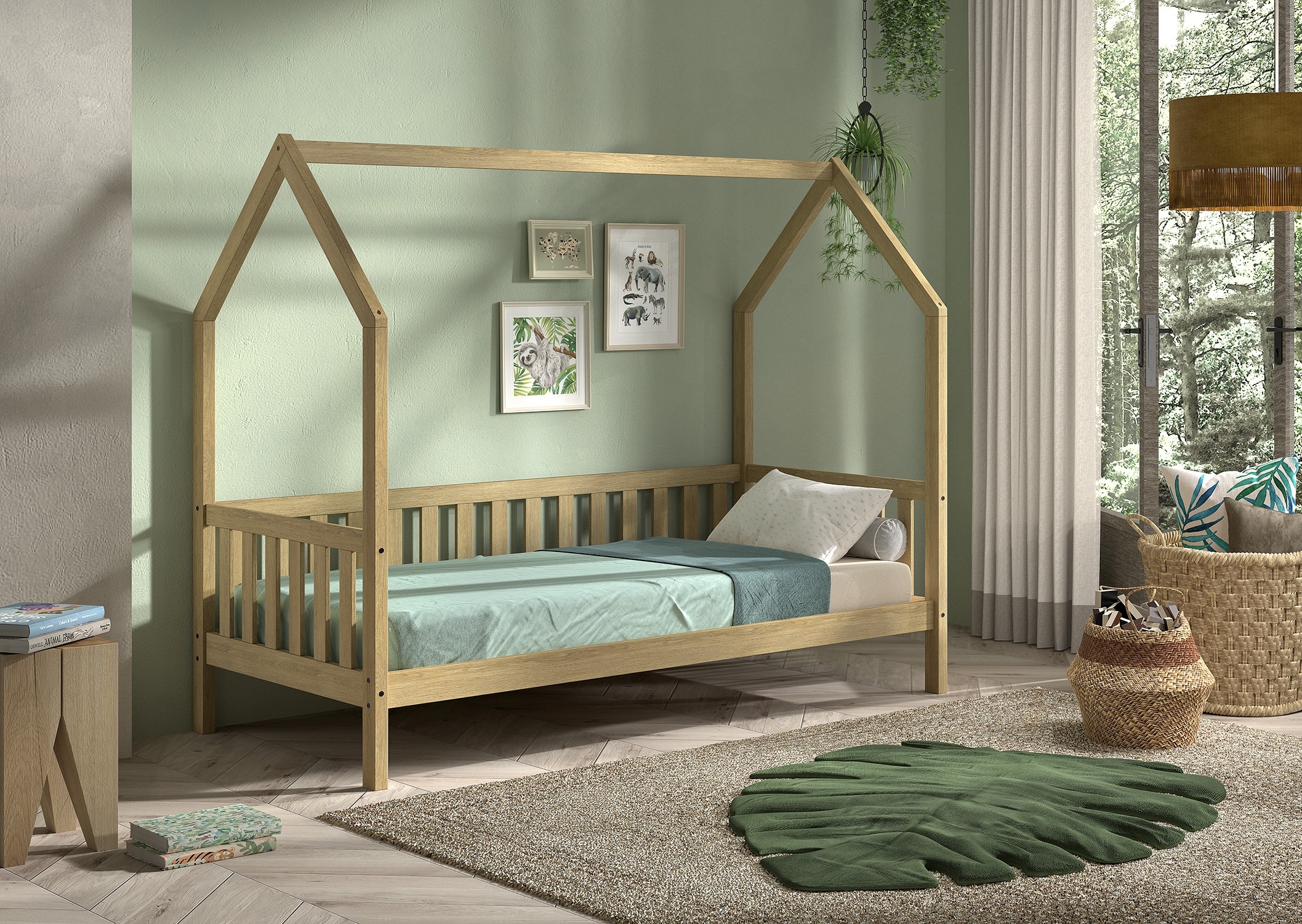 CABANE Hausbett 90x200 cm und seitlicher Umrandung, Eiche massiv Eiche natur 