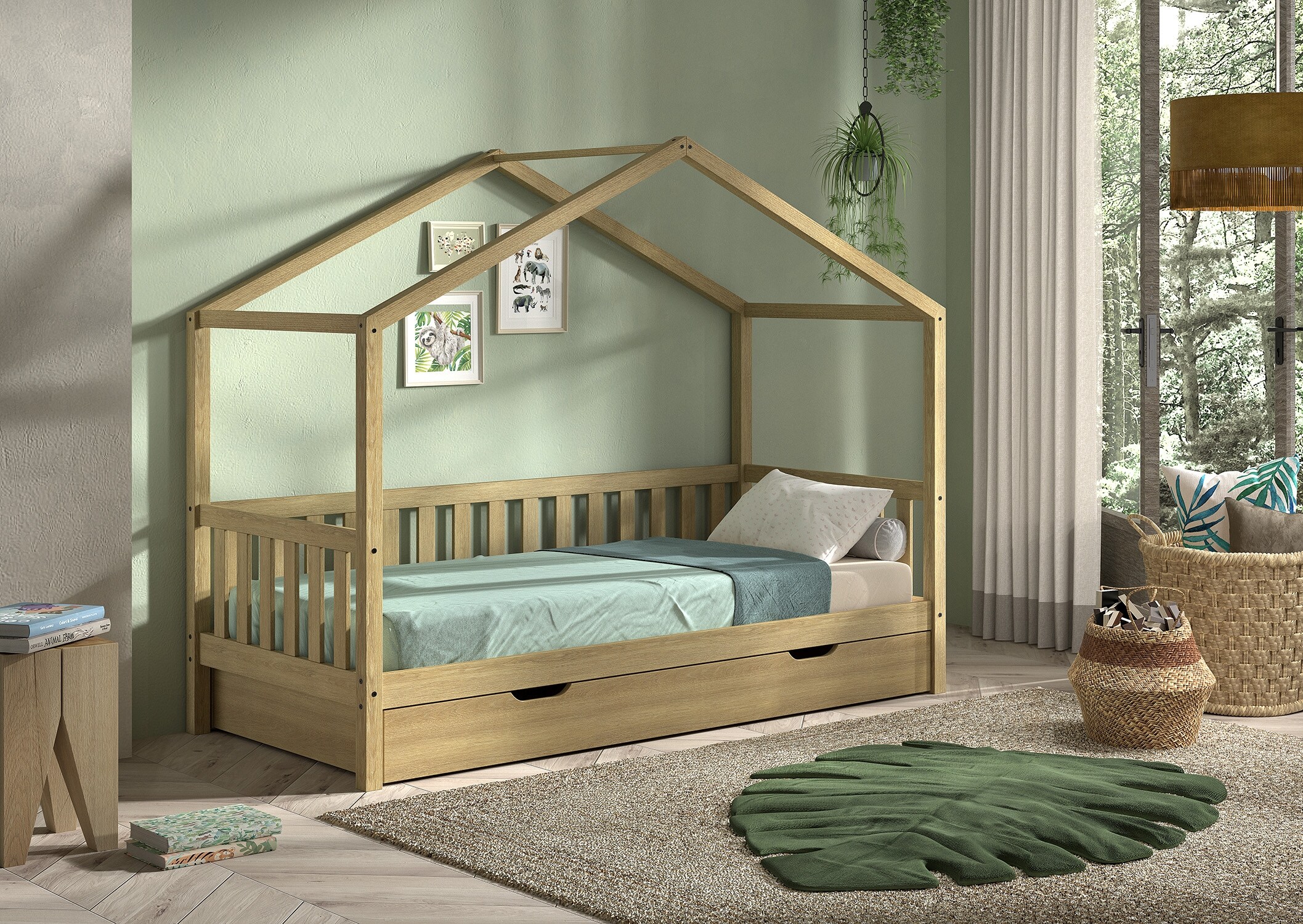 Dallas 1 Hausbett mit seitlicher Umrandung 90 x 200 cm Liegefl&auml;che und Bettschublade, Eiche Natur 