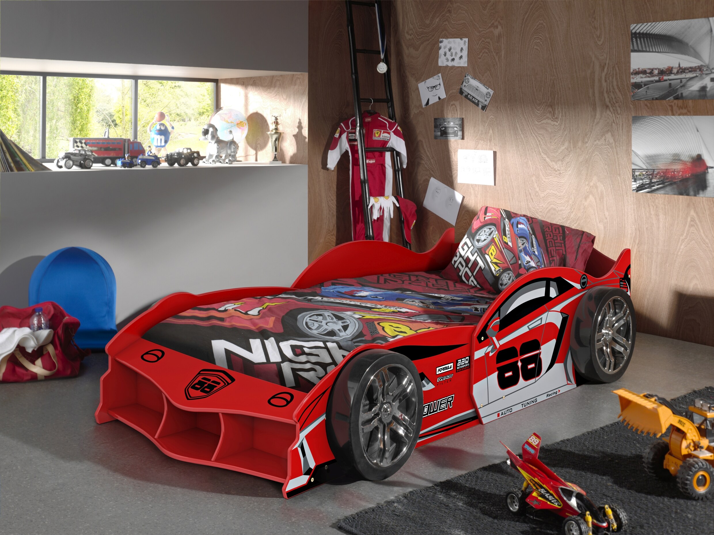 MAX Autobett 90x200 cm, inkl. Lattenrost, Ausf. MDF gl&auml;nzend rot lackiert mit Racing Motiven 